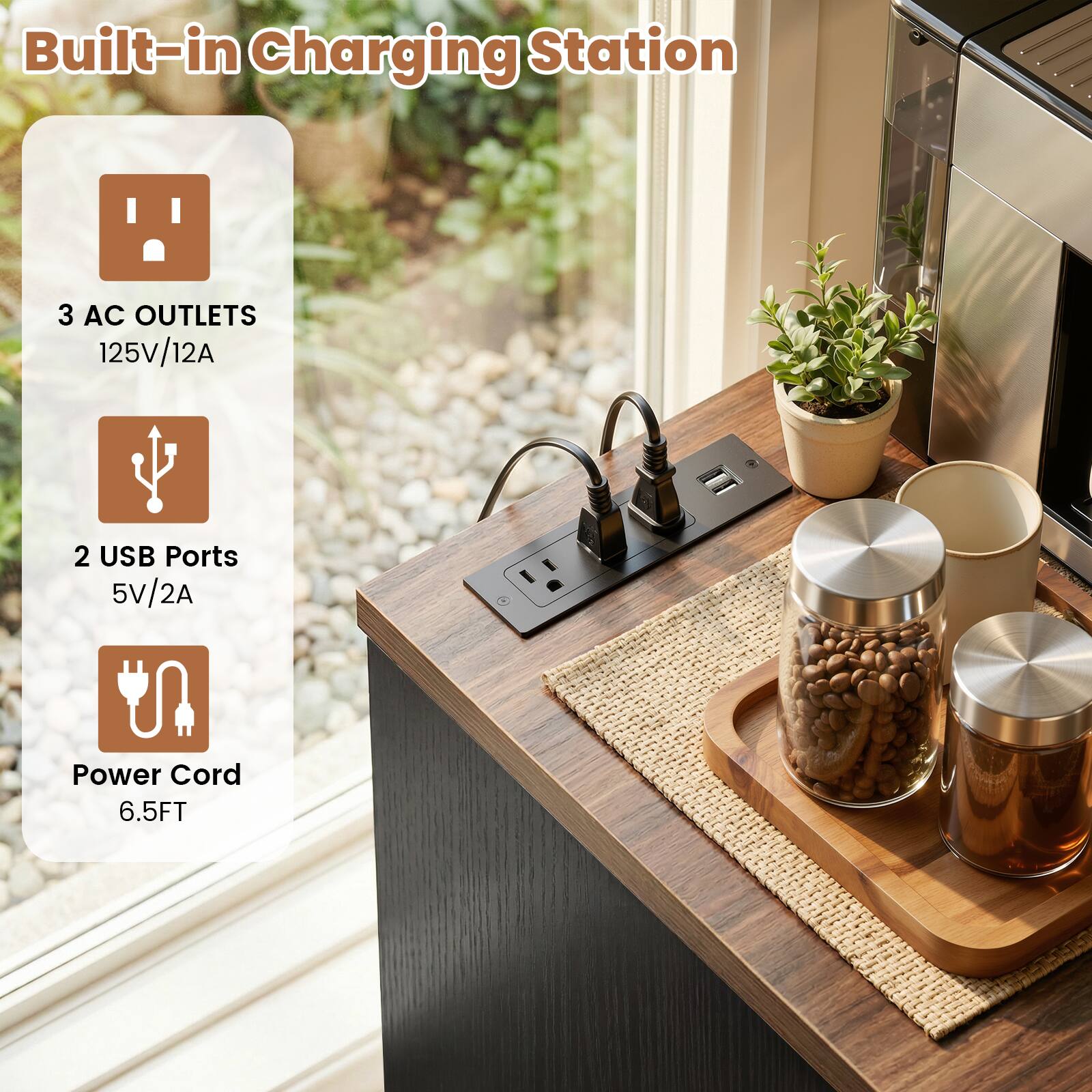 Built-in Charging Station

- 3 AC OUTLETS
  - 125V/12A
- 2 USB Ports
  - 5V/2A
- Power Cord
  - 6.5FT