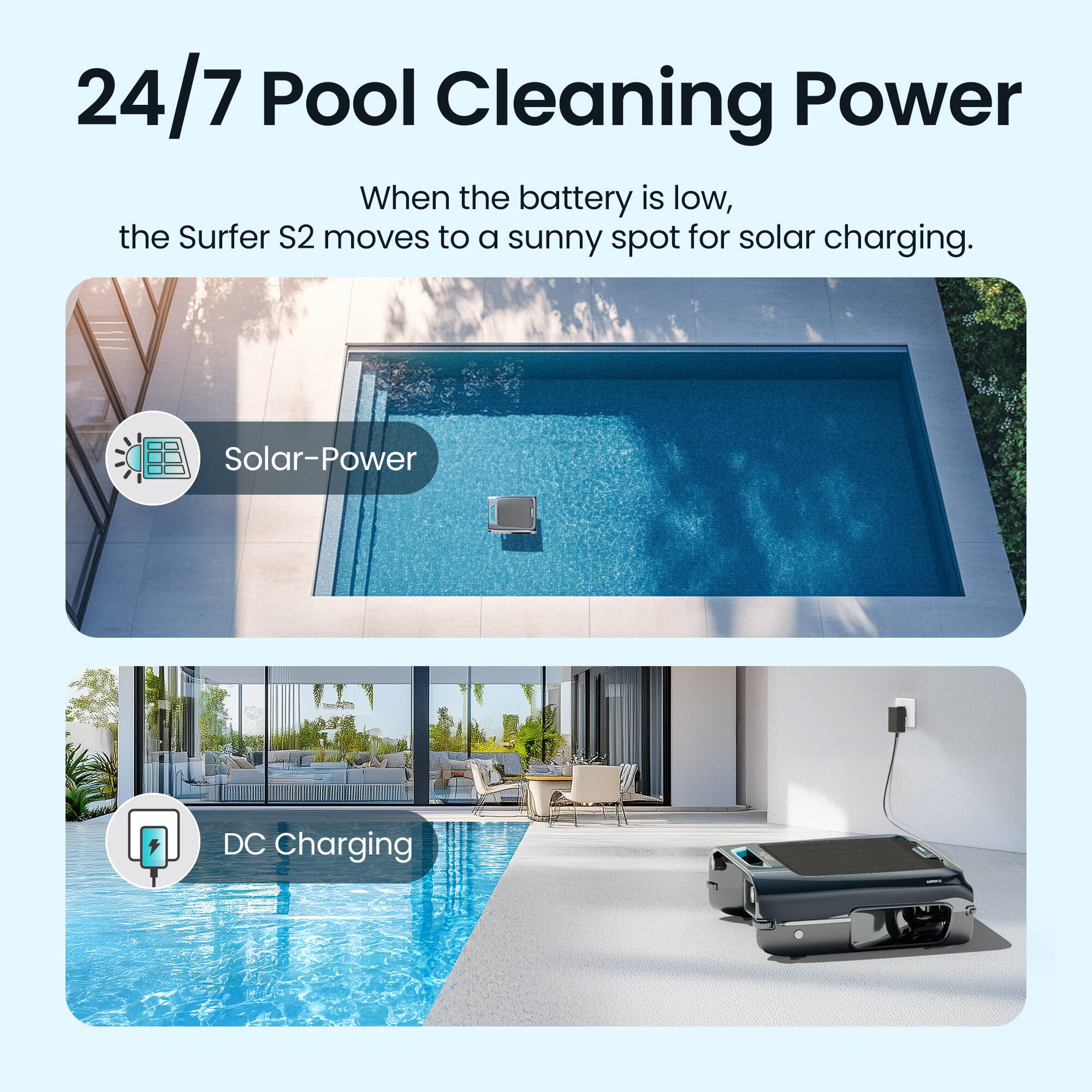 24/7 Pool Cleaning Power

When the battery is low, the Surfer S2 moves to a sunny spot for solar charging.

Solar-Power

DC Charging