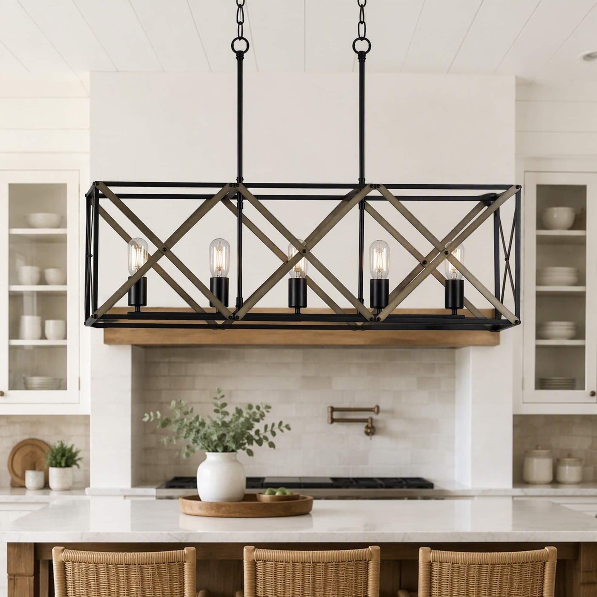 RYHNUYNE - 5-Light Farmhouse Chandelier, Rectangle Cage Pendant Light for Kitchen Island Dining Room Bathroom - Black price history on PriceWatchPro