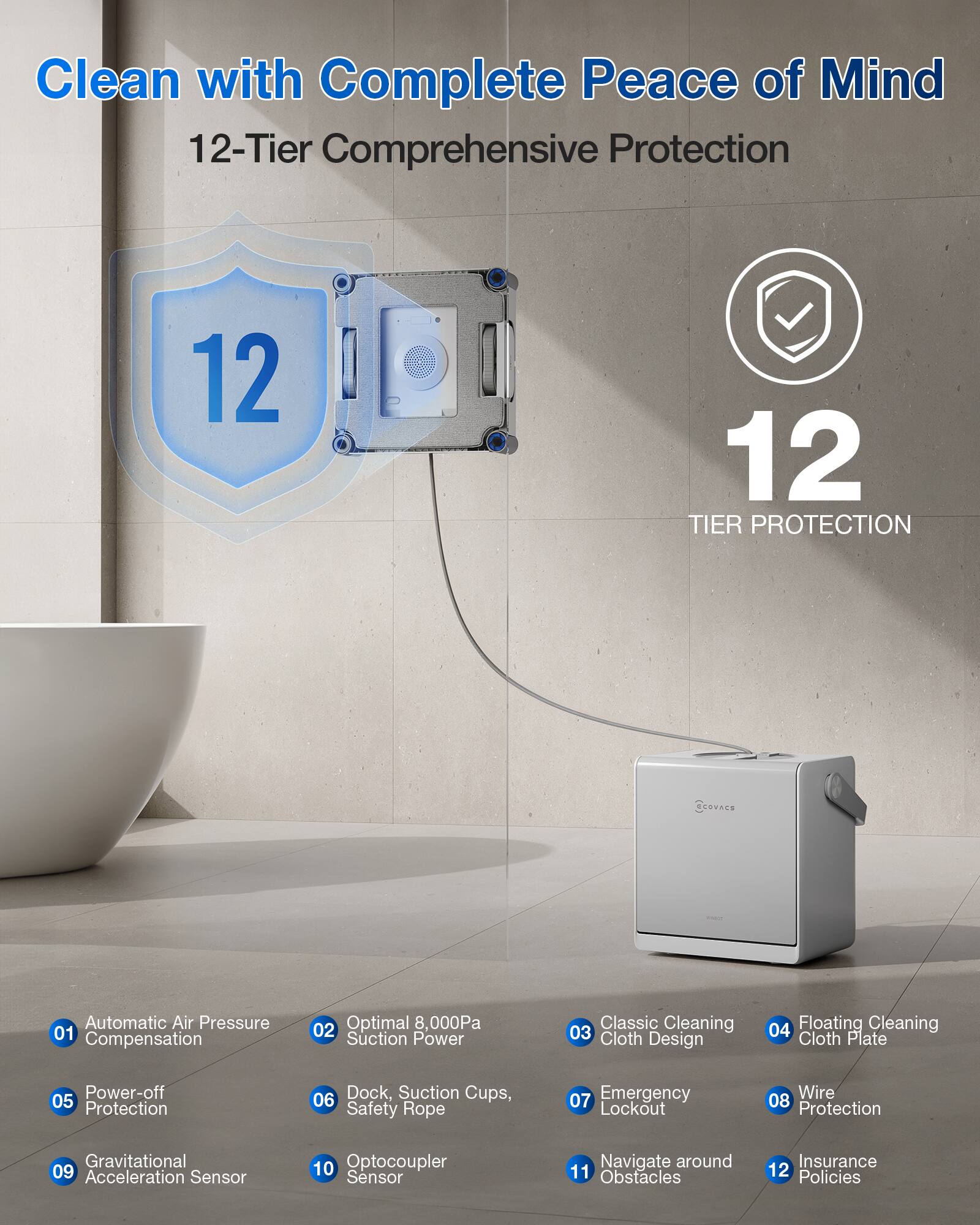 Clean with Complete Peace of Mind  
12-Tier Comprehensive Protection  

1. Automatic Air Pressure Compensation  
2. Optimal 8,000Pa Suction Power  
3. Classic Cleaning Cloth Design  
4. Floating Cleaning Cloth Plate  
5. Power-off Protection  
6. Dock, Suction Cups, Safety Rope  
7. Emergency Lockout  
8. Wire Protection  
9. Gravitational Acceleration Sensor  
10. Optocoupler Sensor  
11. Navigate around Obstacles  
12. Insurance Policies