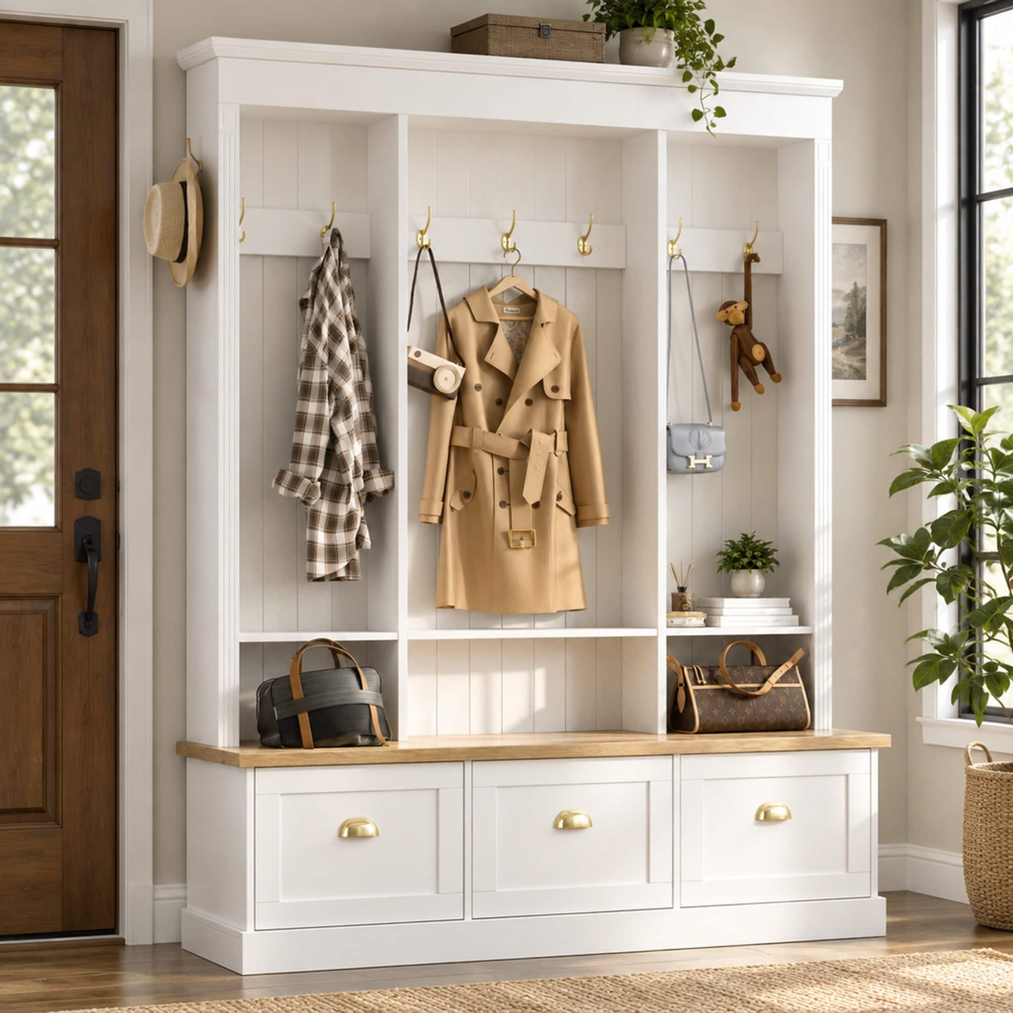 RYHNUYNE - Elegant LED Light Hall Tree, 9 Hooks, 3 Cabinets, 3 Shelves, Natural Bench - White