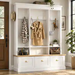 RYHNUYNE - Elegant LED Light Hall Tree, 9 Hooks, 3 Cabinets, 3 Shelves, Natural Bench - White