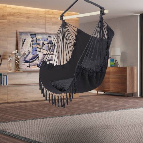 Alt View 10. Winado - Hanging Rope Swing Hammock Chair Macrame Hammock Swing Seat w/ 2 Cushions, Steel Spreader Bar, Tassels for In/Outdoor - Dark Gray.