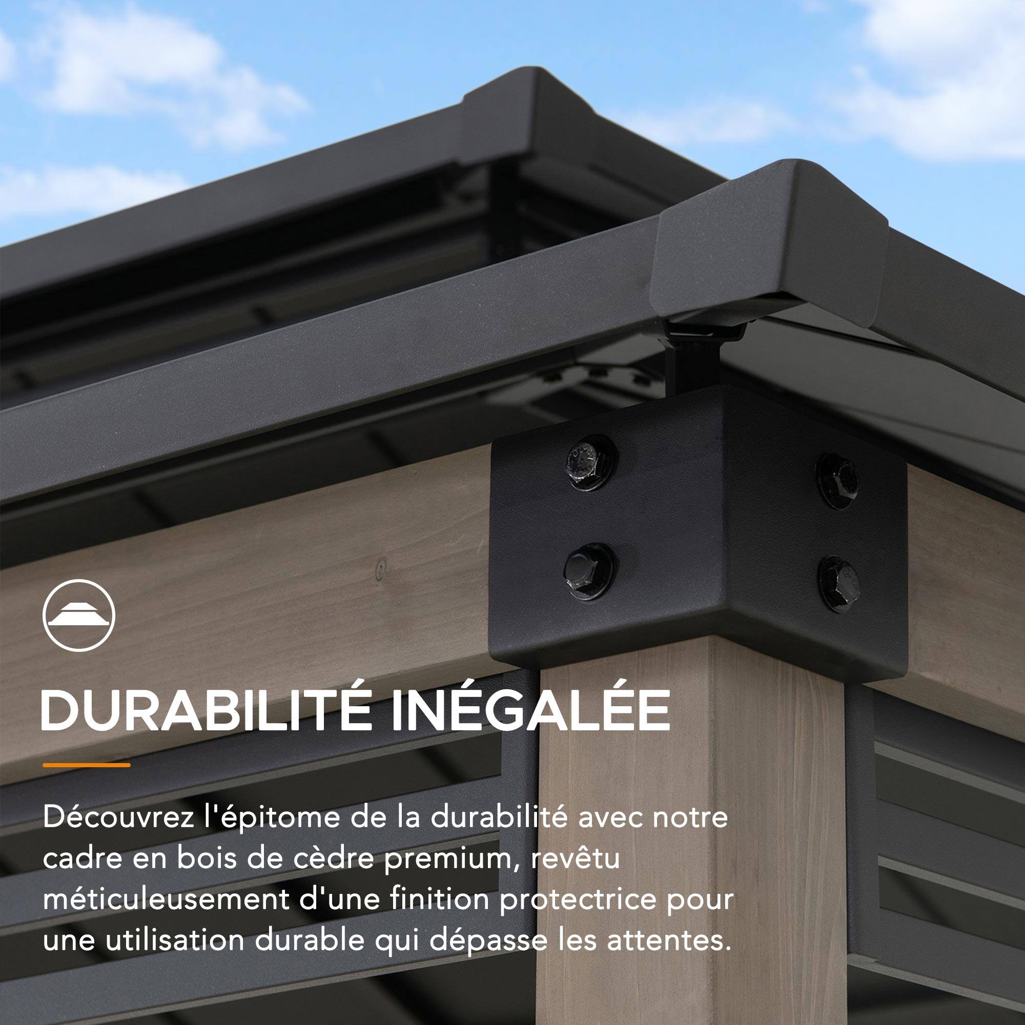 DURABILITÉ INÉGALÉE

Découvrez l'épitome de la durabilité avec notre cadre en bois de cèdre premium, revêtu méticuleusement d'une finition protectrice pour une utilisation durable qui dépasse les attentes.