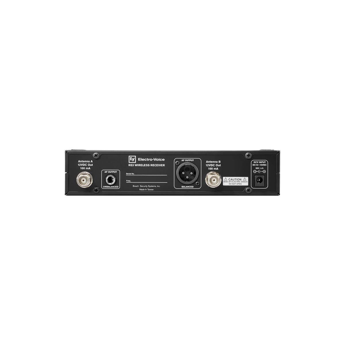 Antenna A 12VDC Out 100 mA  
AF OUTPUT  
Electro-Voice RE3 WIRELESS RECEIVER  
Antenna B 12VDC Out 100 mA  
AF OUTPUT  
DC INPUT DC12-15VDC  
UNBALANCED  
BALANCED  
CAUTION RISK OF ELECTRIC SHOCK DO NOT OPEN  
Fee Beach Security Systems 16 Made in Taiwan