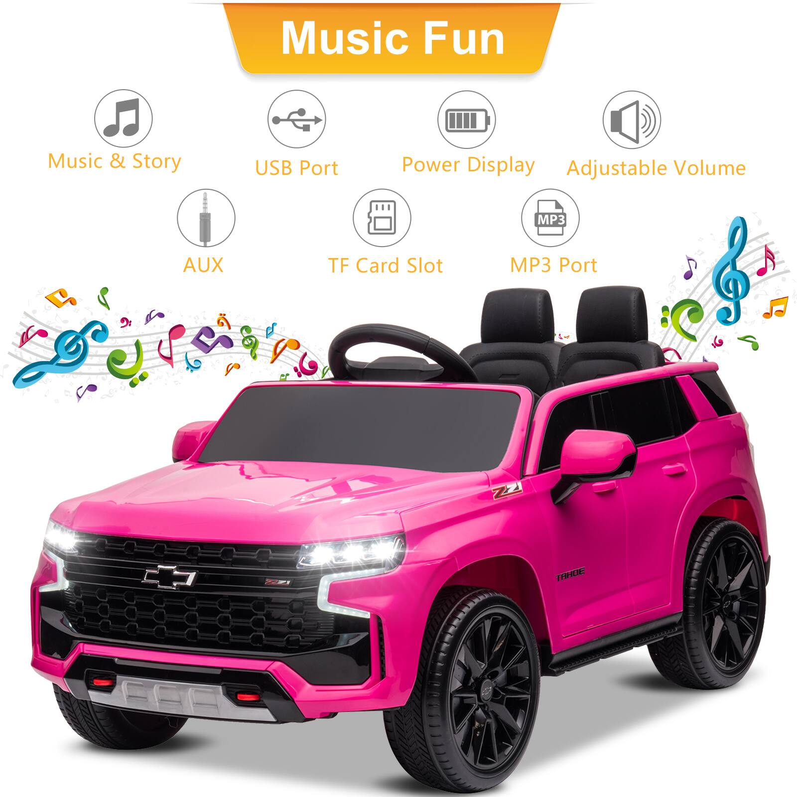 Music Fun

- Music & Story
- USB Port
- Power Display
- Adjustable Volume
- AUX
- TF Card Slot
- MP3 Port