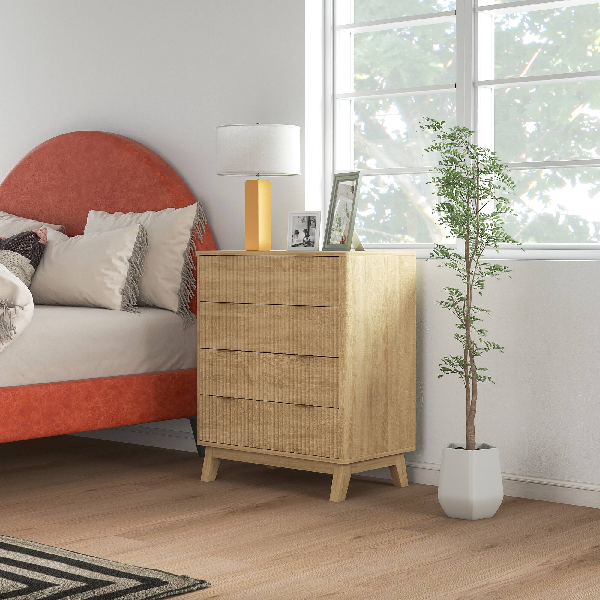 Alt View 7. Homcom - Fluted Dresser for Bedroom with 4 Drawers, 28" Wide Chest of Drawers with Gold Finger Pulls and 4 Wood Legs - Natural Wood.