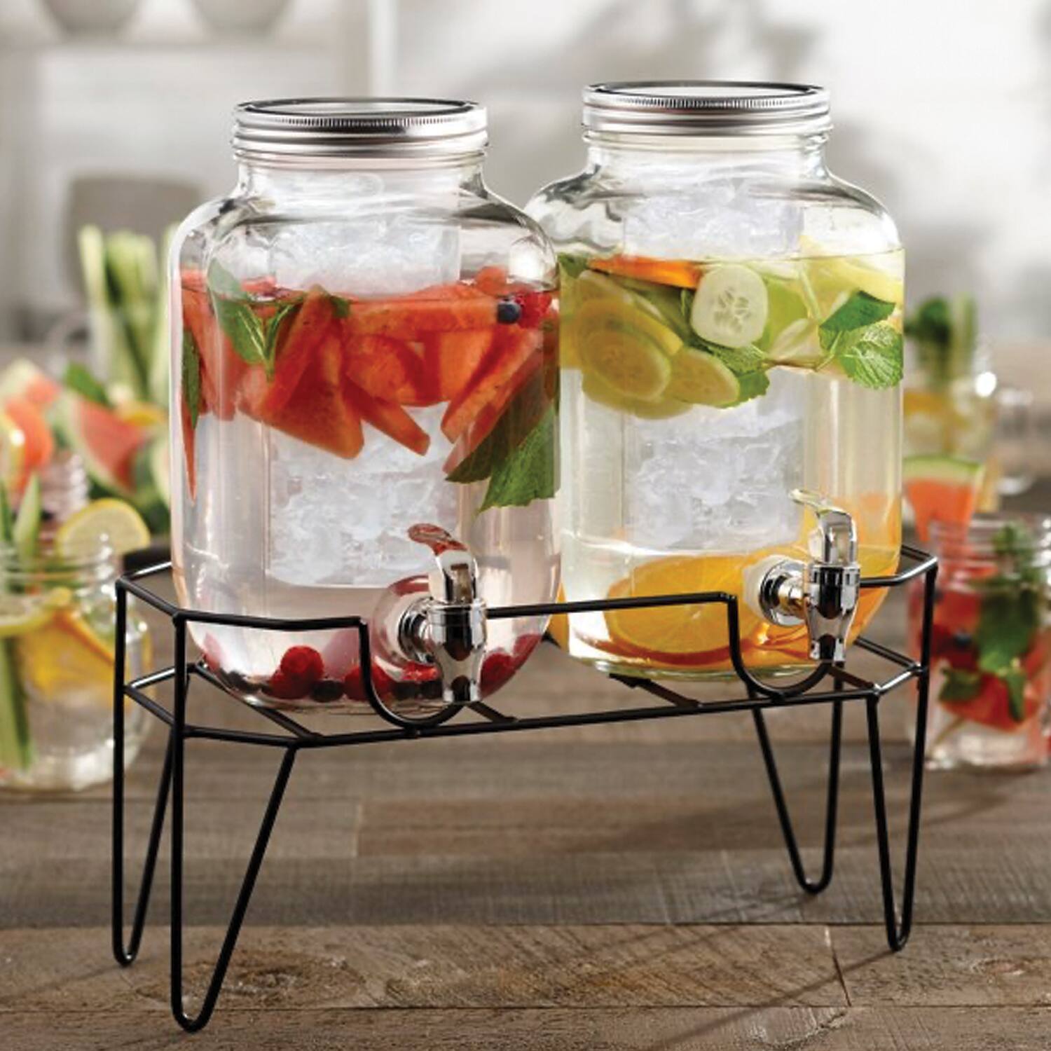 Left. Style Setter - Clifford Set of 2 Dispensers with Infuser & Stand, Silver Lid 1 GAL/4 L - Clear.