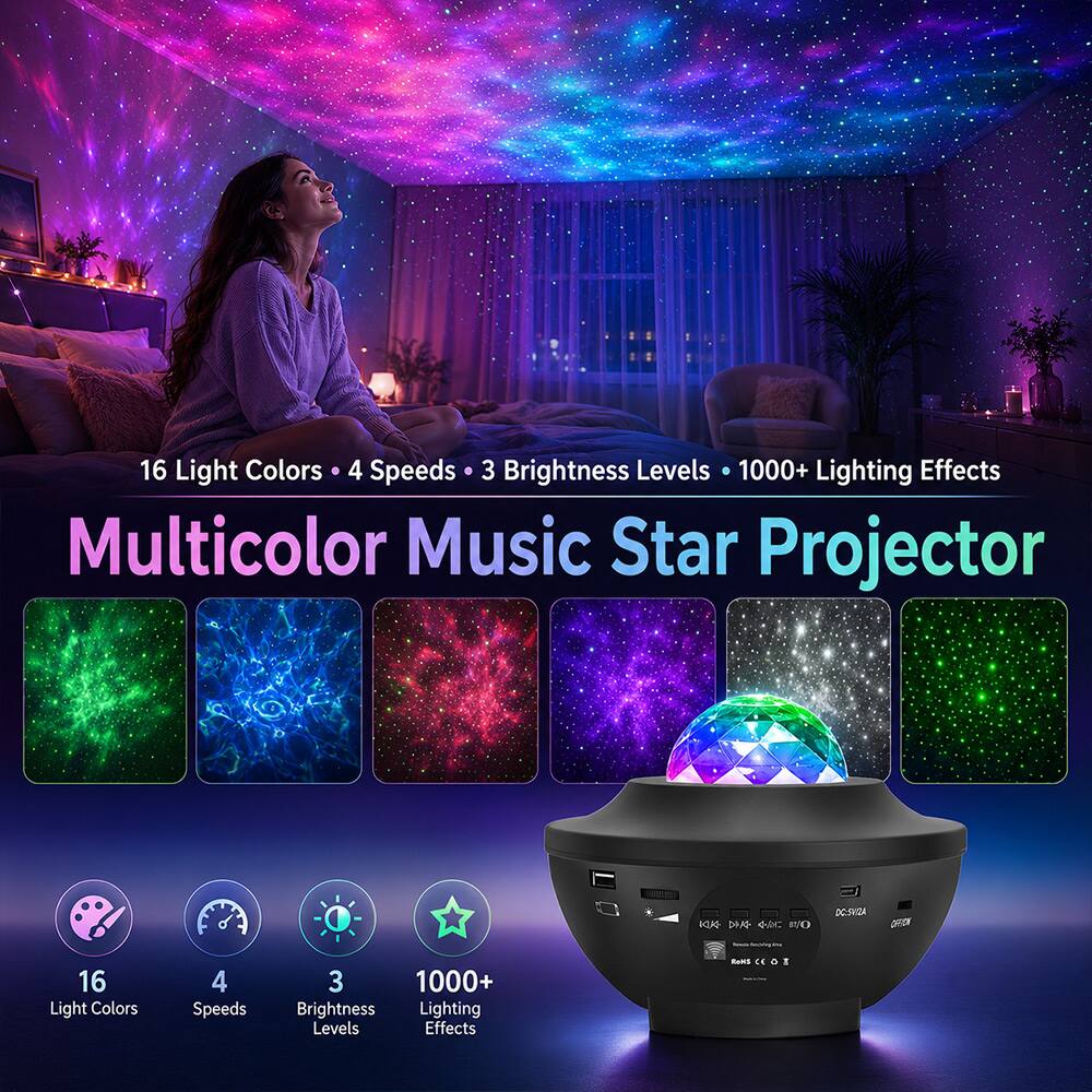 16 Light Colors  
4 Speeds  
3 Brightness Levels  
1000+ Lighting Effects  
Multicolor Music Star Projector  

KK DIK-  
DC:5VDA  
OFFON  

16 Light Colors  
4 Speeds  
3 Brightness Levels  
1000+ Lighting Effects