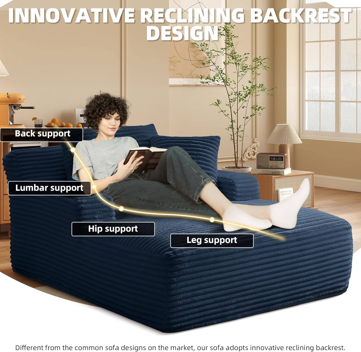 INNOVATIVE RECLINING BACKREST DESIGN

Back support  
Lumbar support  
Hip support  
Leg support  

Different from the common sofa designs on the market, our sofa adopts innovative reclining backrest.