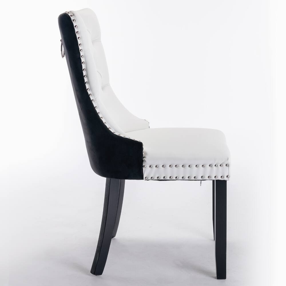 Back. Loheer - Loheer Tufted Solid Wood Dining Chairs Set of 2 Modern PU Velvet Nailhead Trim White Black - White+Black.
