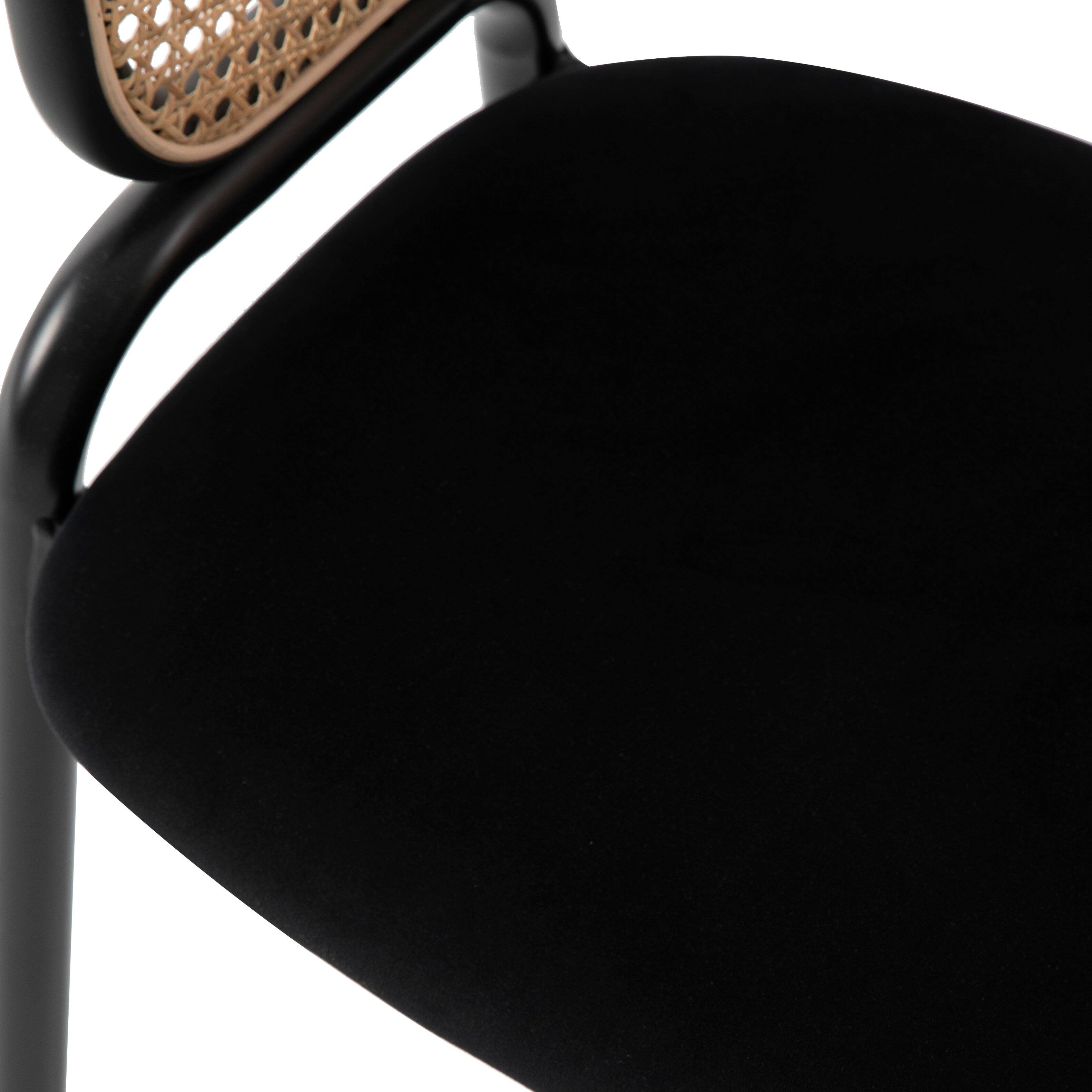 Alt View 4. LeisureMod - Ervilla Mid-Century Modern Dining Arm Chair, Velvet Upholstered Seat with Rattan Back & Metal Base - Black.