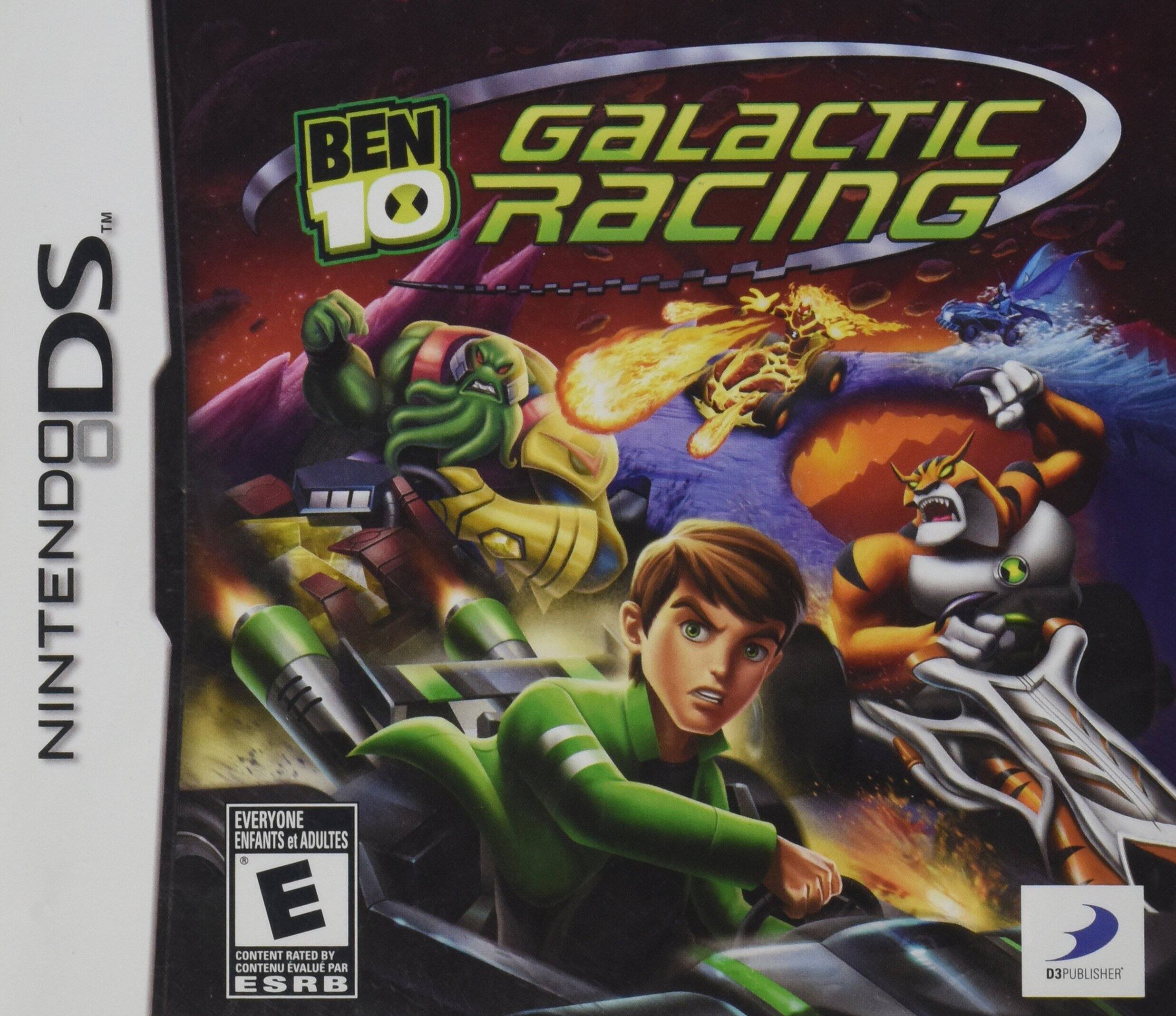 Sure, here is the corrected and grouped text from the image:

---

**Nintendo DS**

**BEN 10 GALACTIC RACING**

**EVERYONE ENFANTS et ADULTES**

**CONTENT RATED BY ESRB**

**E**

**CONTENU ÉVALUÉ PAR ESRB**

**D3PUBLISHER**

--- - E (Everyone)