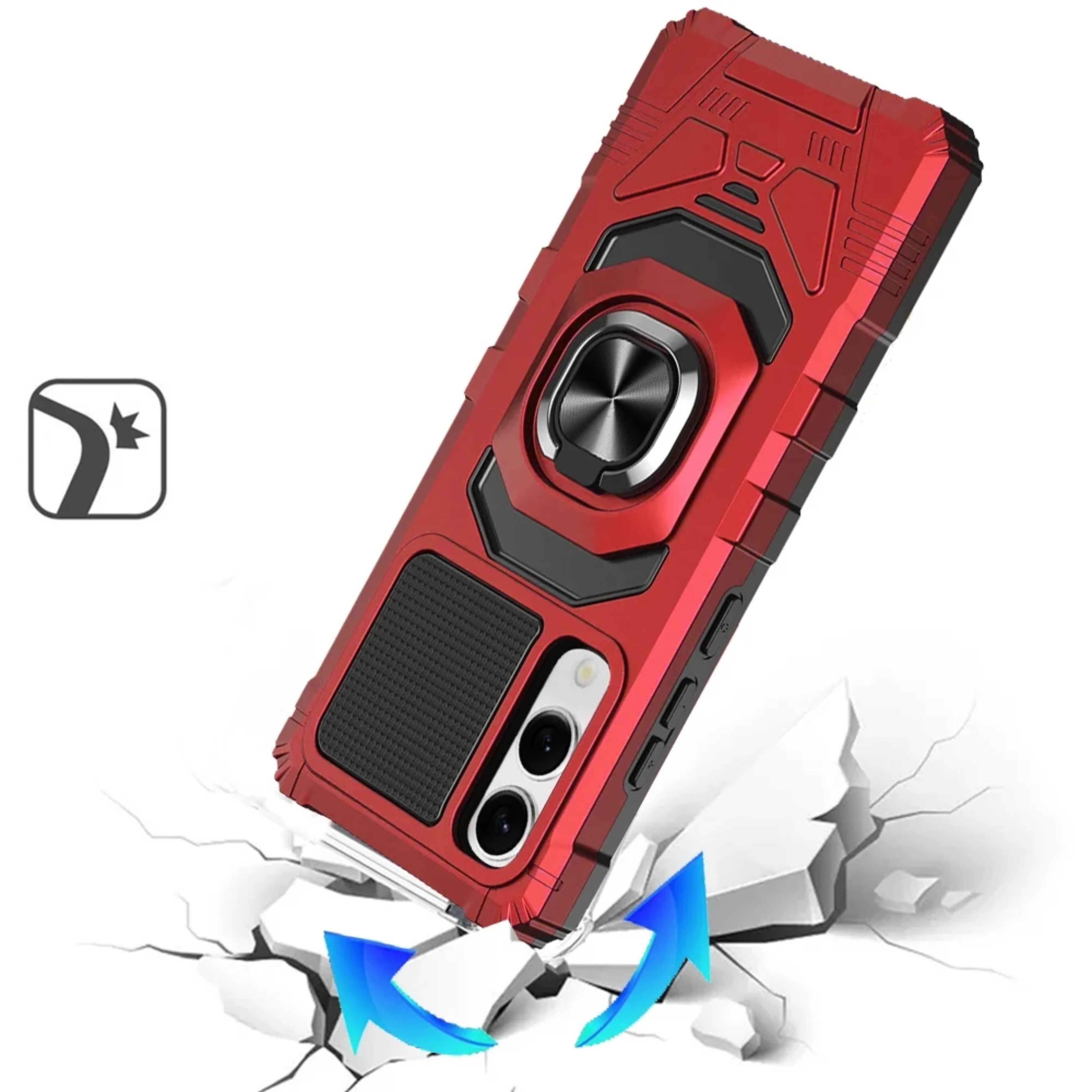 Left. Kitcheniva - Shockproof Dual Layer RingStand Hybrid Plus Tempered Glass For Samsung S25 Edge Red - Red.