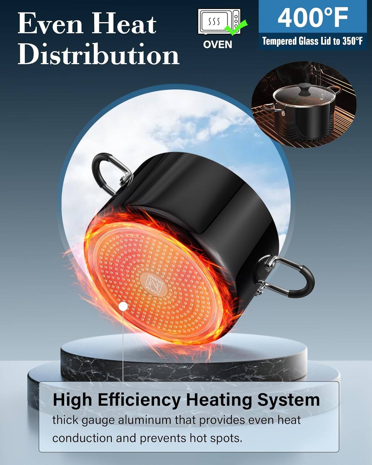 Even Heat Distribution

400°F

OVEN

Tempered Glass Lid to 350°F

High Efficiency Heating System

thick gauge aluminum that provides even heat conduction and prevents hot spots.
