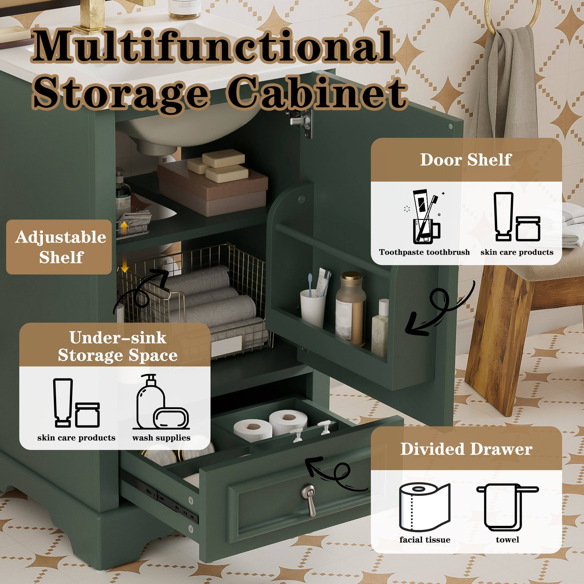 Multifunctional Storage Cabinet

Adjustable Shelf

Door Shelf
- Toothpaste toothbrush
- skin care products

Under-sink Storage Space
- skin care products
- wash supplies

Divided Drawer
- facial tissue
- towel