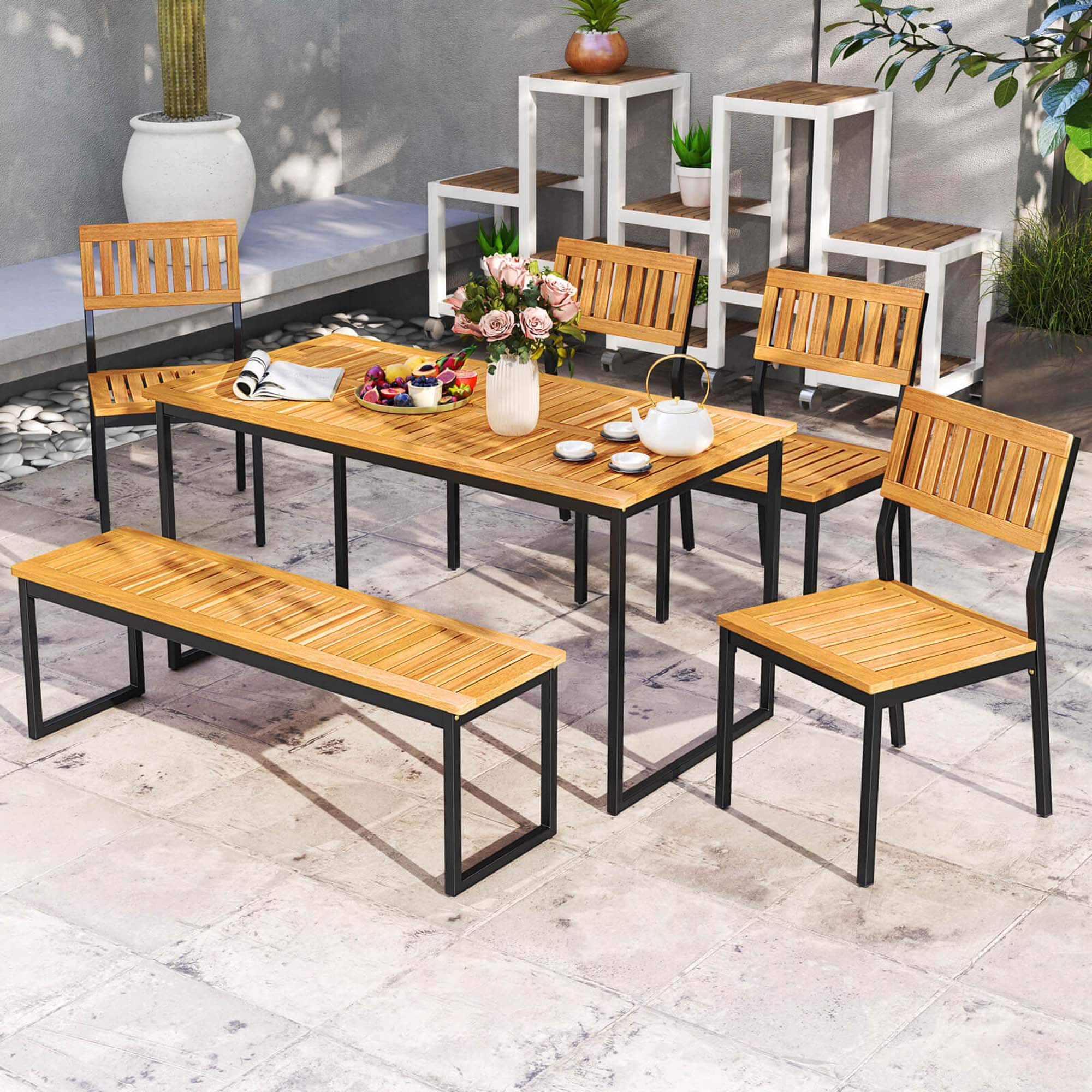 Front. Costway - Costway 6 PCS Outdoor Acacia Wood Dining Set with Bench and 2" Umbrella Hole Outdoor Patio - Beige.