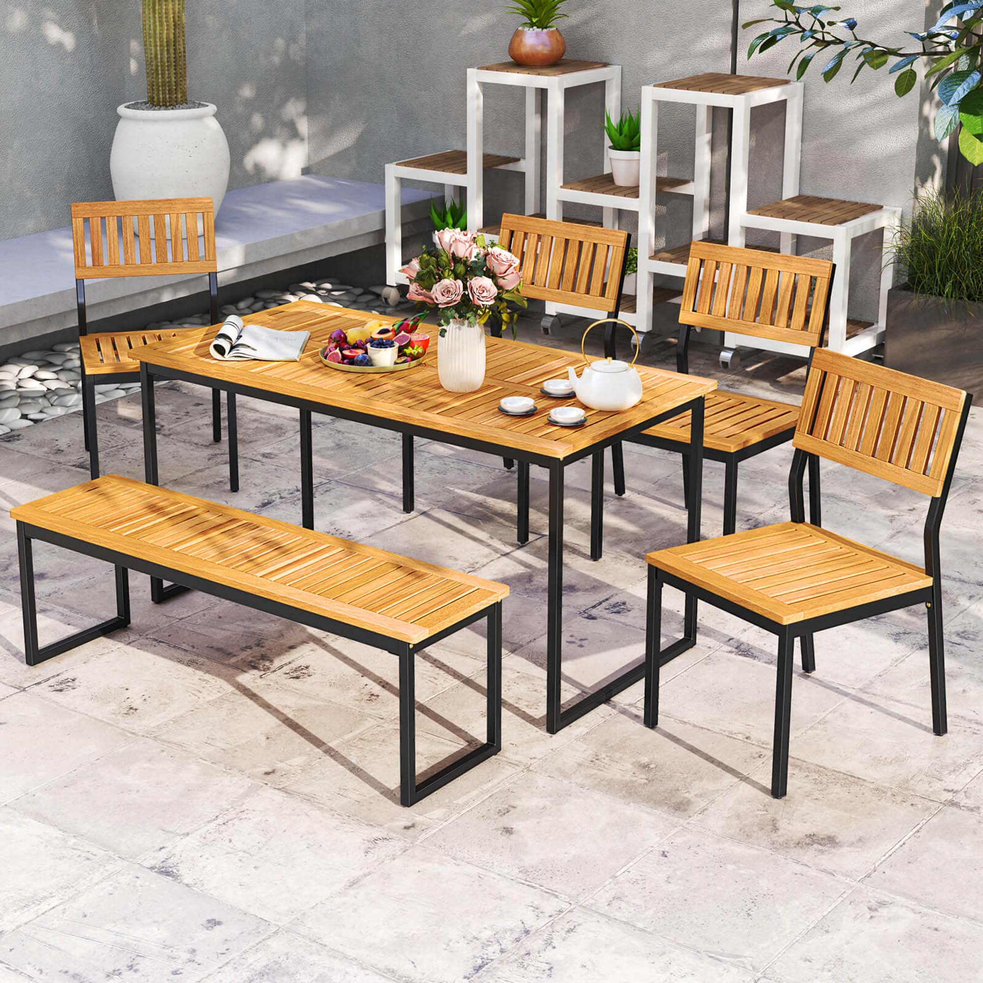 Alt View 1. Costway - Costway 6 PCS Outdoor Acacia Wood Dining Set with Bench and 2" Umbrella Hole Outdoor Patio - Beige.