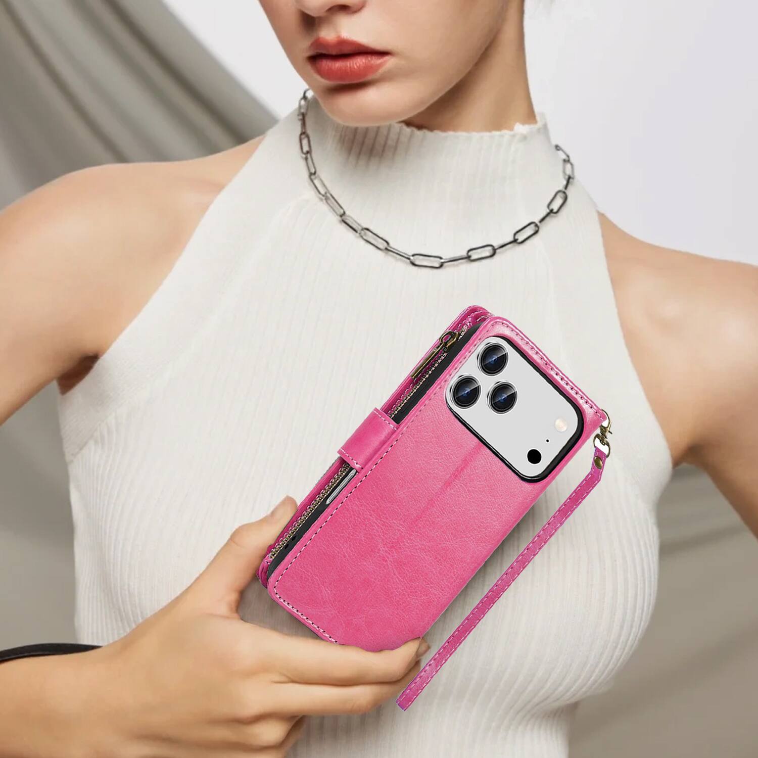 Alt View 7. Equipd - Phone Case for iPhone 17 Pro 6.3", Luxury Wallet Card ID Zipper Money Holder Cover (Pink) - Pink.