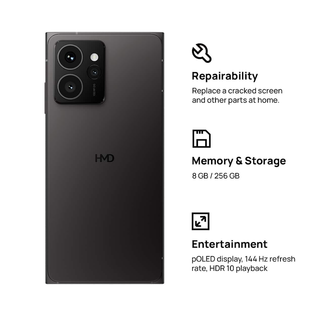 The image features a black cell phone with a display of 8 GB memory and 256 GB storage. The phone is advertised as having a pOLED display and a 144 Hz refresh rate, as well as HDR 10 playback capabilities. The image also highlights the phone's repairability, suggesting that users can replace a cracked screen or other parts at home.