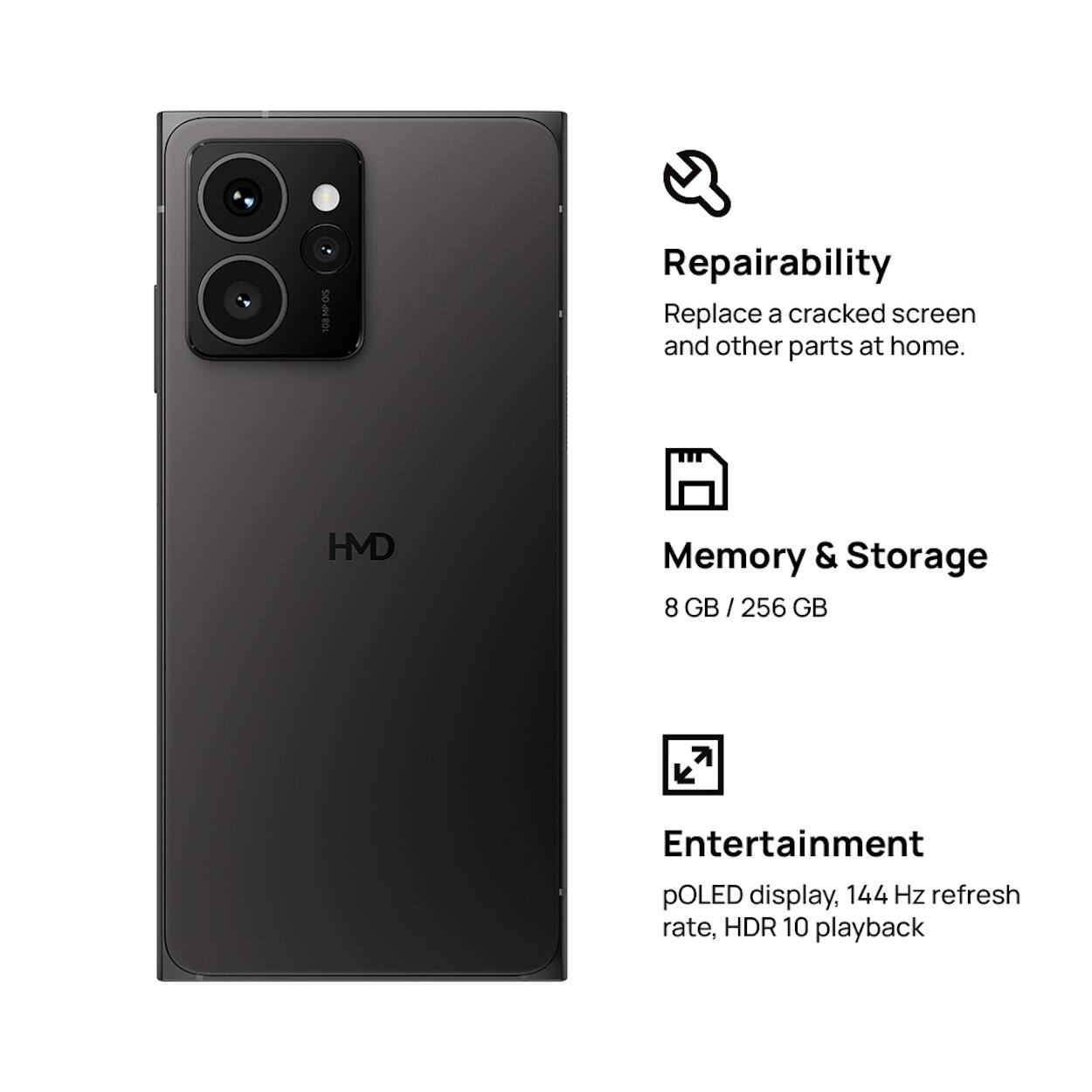 The image features a black cell phone with a display of 8 GB memory and 256 GB storage. The phone is advertised as having a pOLED display and a 144 Hz refresh rate, as well as HDR 10 playback capabilities. The image also highlights the phone's repairability, suggesting that users can replace a cracked screen or other parts at home.