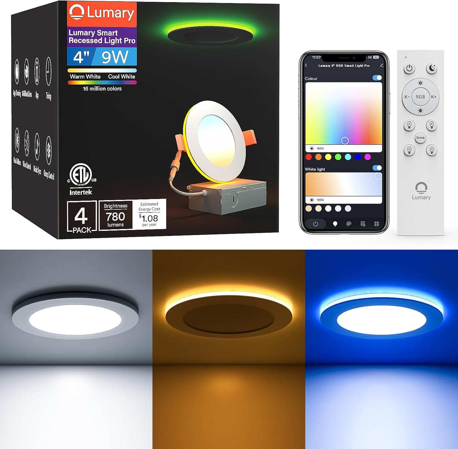 "Lumary - 4"" Smart Recessed Light with RGB Night Ring, WiFi Canless Downlight, Compatible with Alexa & Google Assistant, 4 Pack - White" price history on PriceWatchPro