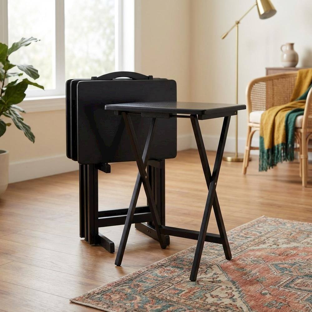 Alt View 3. FurniFact - Solid Wood TV Trays Set Of 4 With Storage Rack in Black Finish - Black.