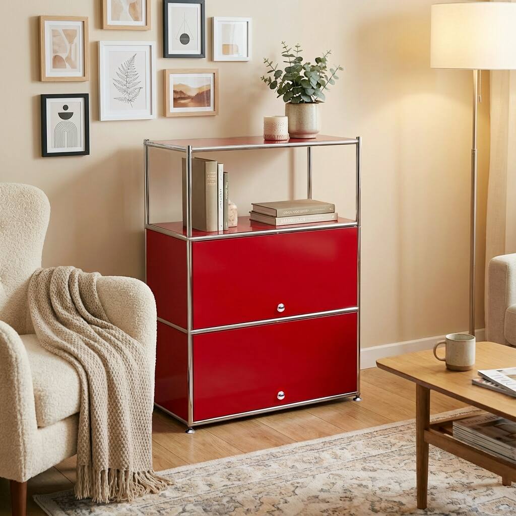 Angle. Malletson - 3 Tier Modular Metal Sideboard Storage Cabinet, Modern Grid-Style, for Dining Room, Living Room or Office - Red.