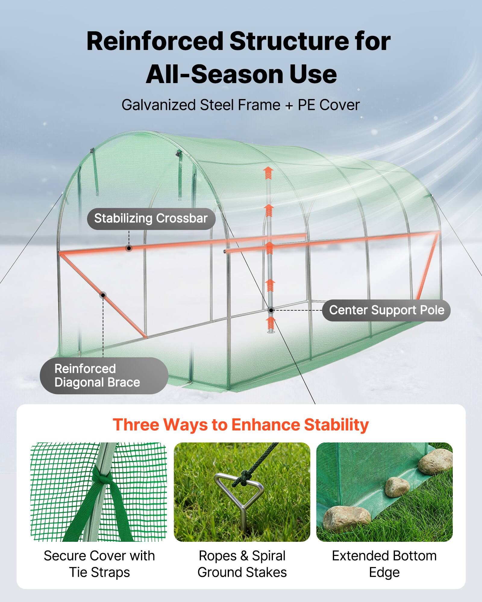 Reinforced Structure for All-Season Use  
Galvanized Steel Frame + PE Cover  

Stabilizing Crossbar  
Center Support Pole  
Reinforced Diagonal Brace  

Three Ways to Enhance Stability  
Secure Cover with Tie Straps  
Ropes & Spiral Ground Stakes  
Extended Bottom Edge