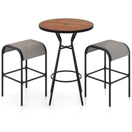 Gymax - 3 PCS Patio Bistro Set Round Table w/ 1.6'' Umbrella Hole & 2 Stools Metal Frame - Natural, Black