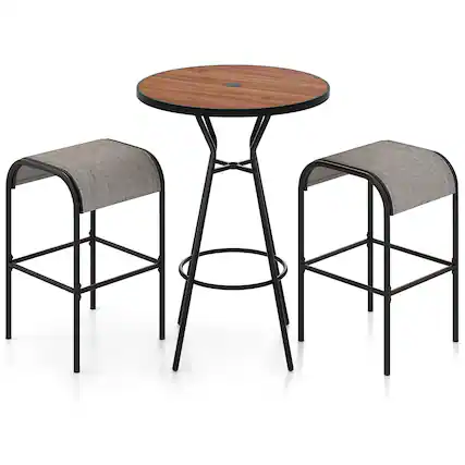 Front. Gymax - Gymax 3 PCS Patio Bistro Set Round Table w/ 1.6'' Umbrella Hole & 2 Stools Metal Frame - Natural, Black.