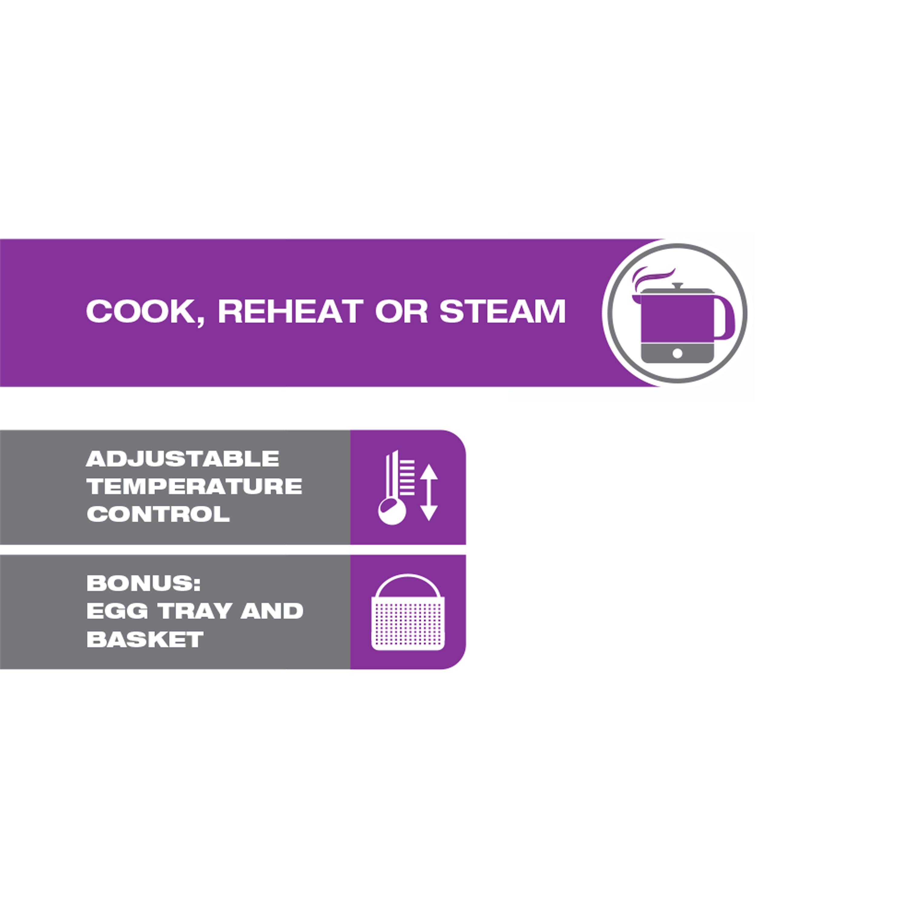 COOK, REHEAT OR STEAM

ADJUSTABLE TEMPERATURE CONTROL

BONUS: EGG TRAY AND BASKET