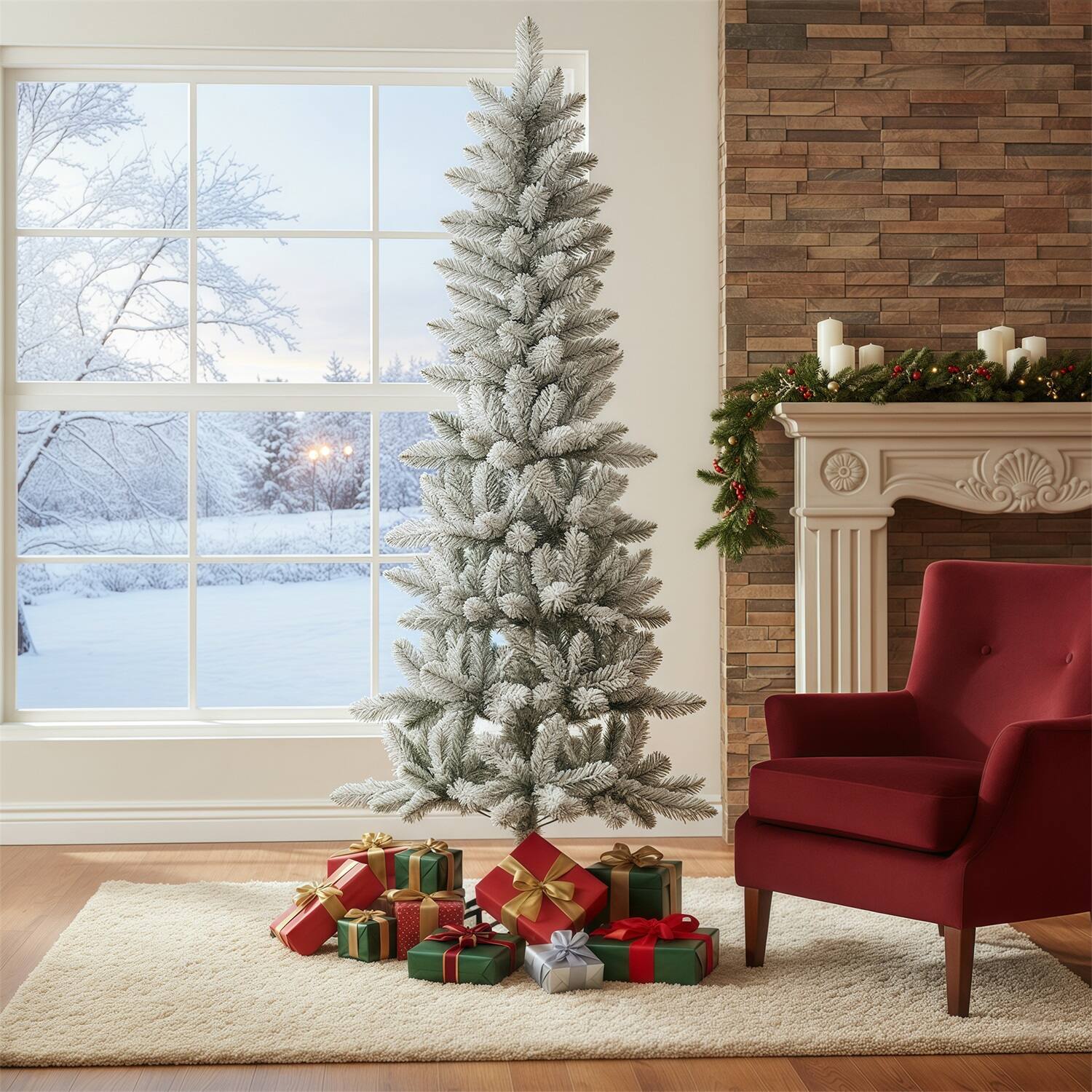 Angle. Sweet - 6ft Snow Flocked Pencil Christmas Tree, Prelighted Artificial Slim Christmas Trees with 250 Lights, Foldable Base - White Flocking.