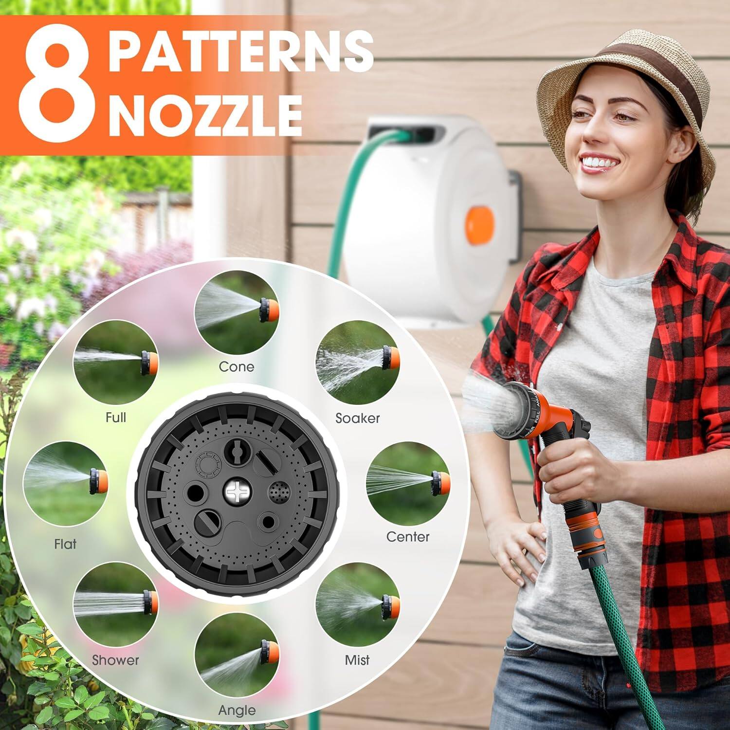 8 PATTERNS NOZZLE

- Cone
- Full
- Soaker
- Flat
- Center
- Shower
- Mist
- Angle