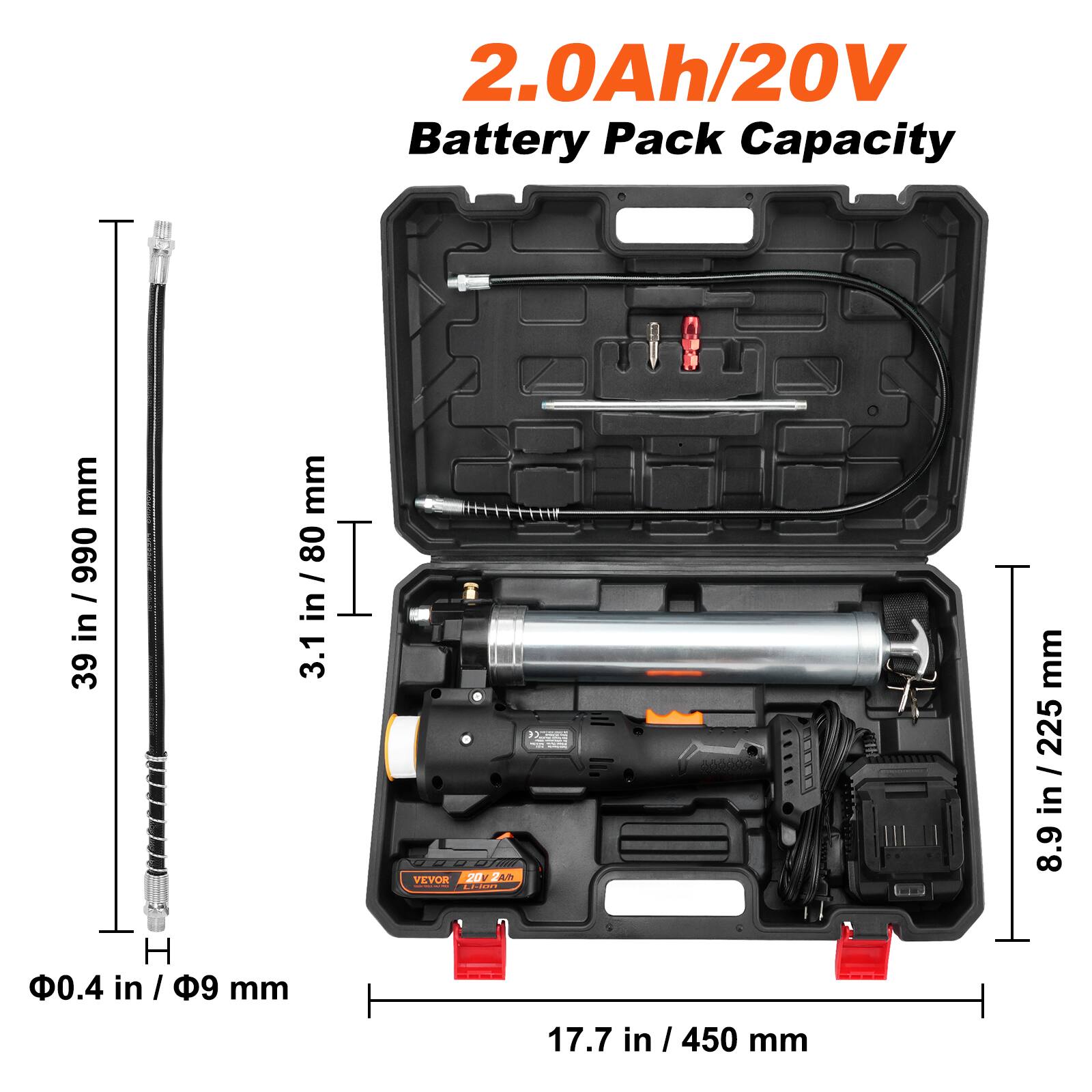 2.0Ah/20V Battery Pack Capacity

- 39 in / 990 mm
- 3.1 in / 80 mm
- 8.9 in / 225 mm
- 17.7 in / 450 mm
- Ø0.4 in / Ø9 mm