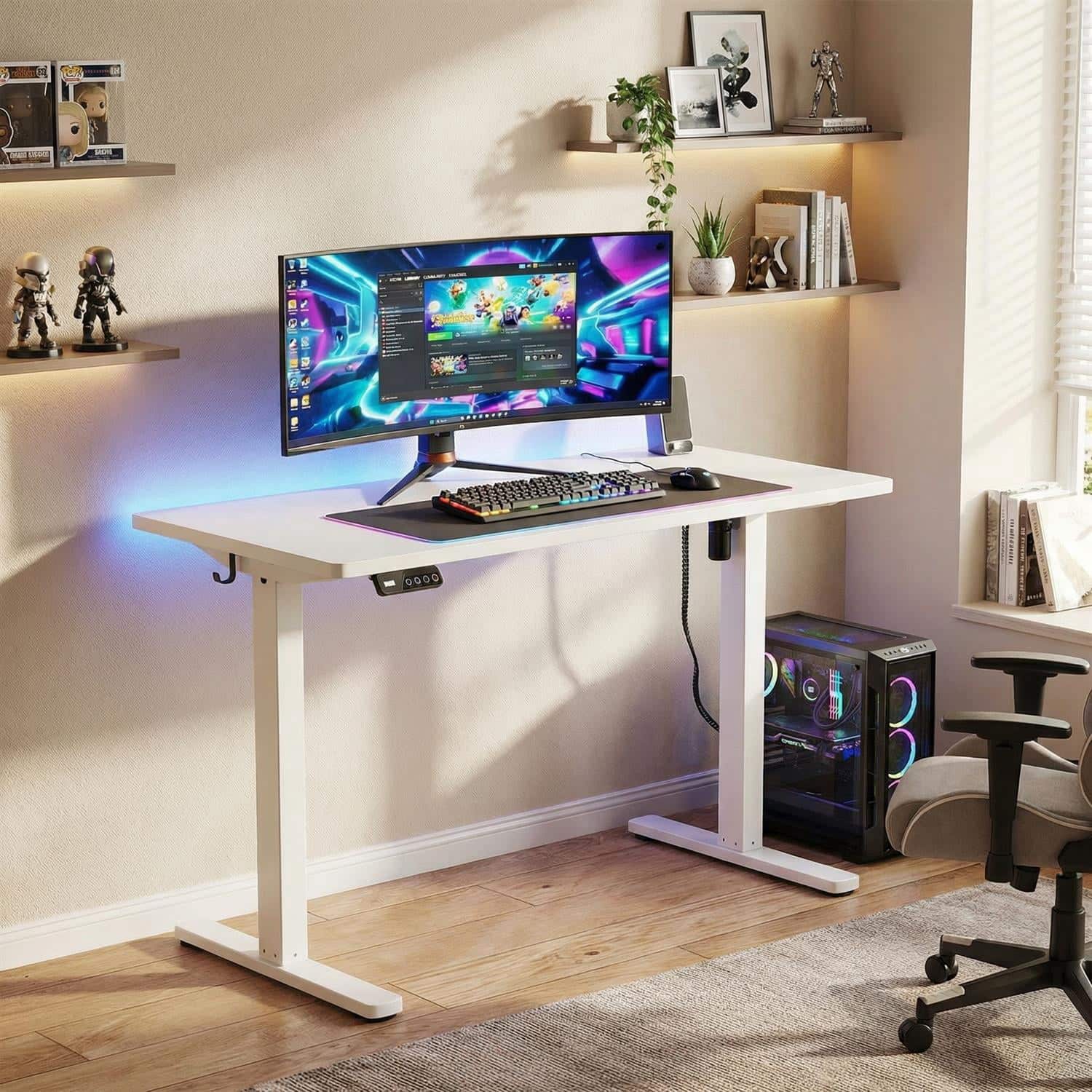 Pefilos - Electric Height Adjustable Standing Desk Frame with LED Display, Heavy-Duty Desk Base for Home Office - White