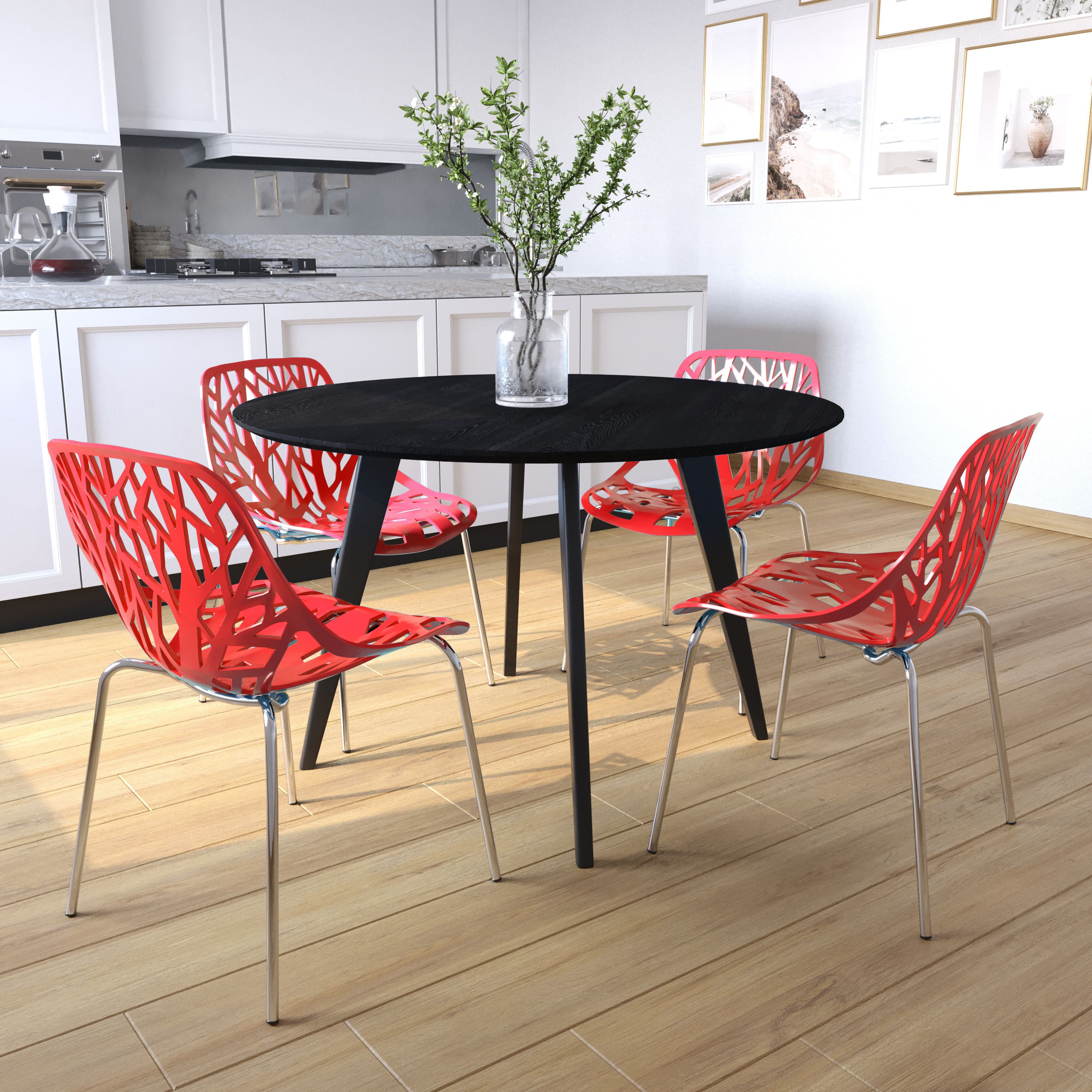 LeisureMod - Asbury Set of 4 Stackable Dining Side Chair with Accent Chrome Steel Legs and Cut Out Design for Indoor Outdoor - Red
