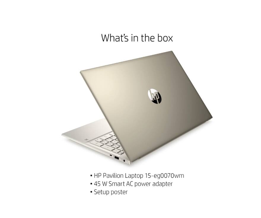 What's in the box

- HP Pavilion Laptop 15-eg0070wm
- 45 W Smart AC power adapter
- Setup poster
