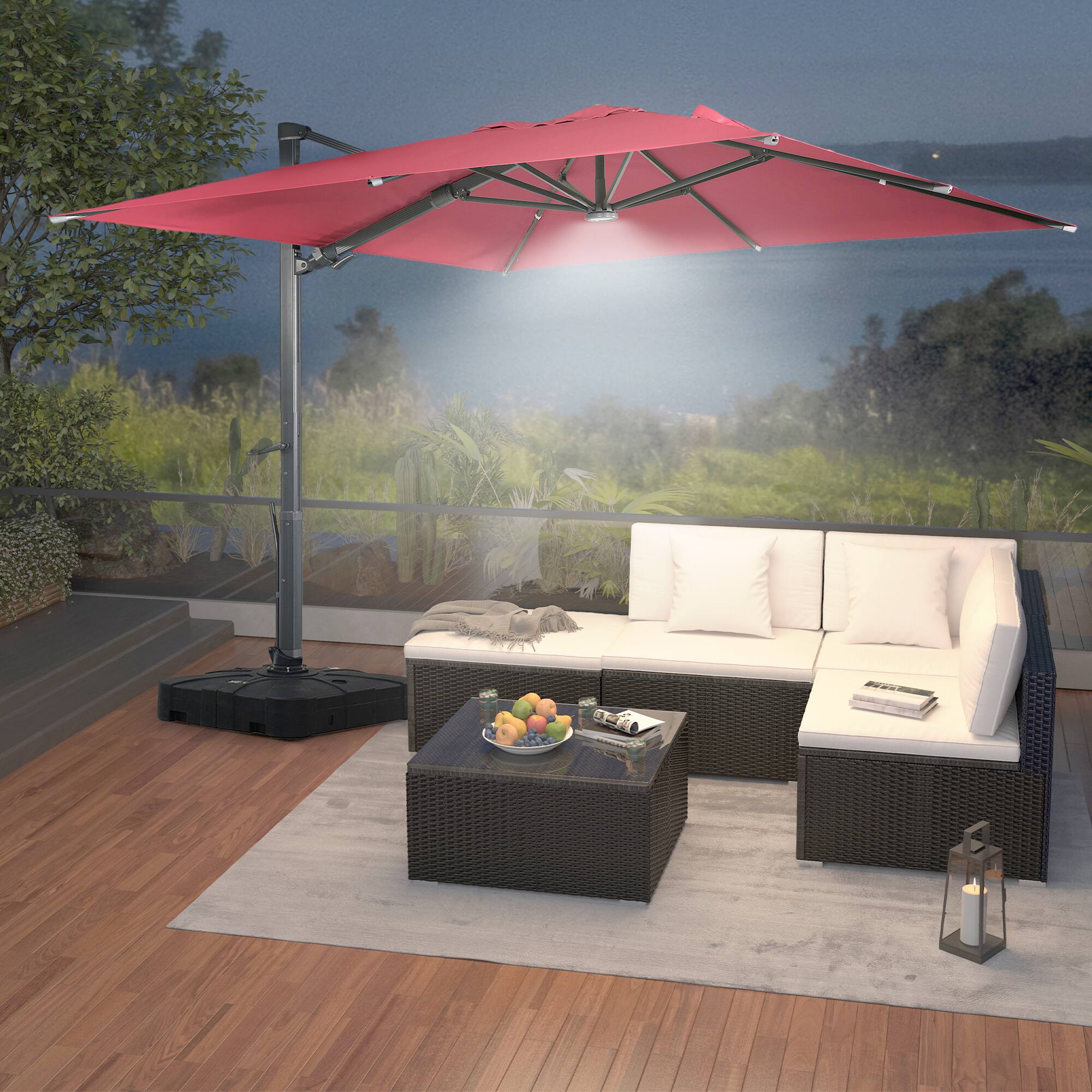 Left. Mondawe - 10*10ft Large Patio Cantilever Umbrella with LED Light Panel and Base - Red.