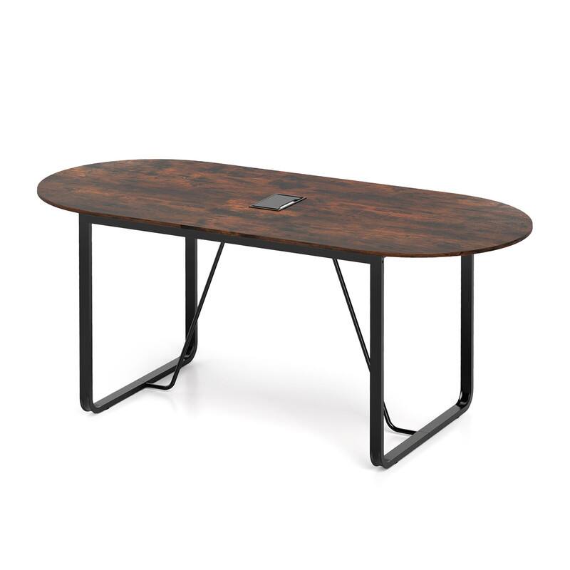 Alt View 4. WELLFOR - 71" Oval Conference Table for 6-8 People, Industrial Executive Table with Cable Holes - Rustic Brown.