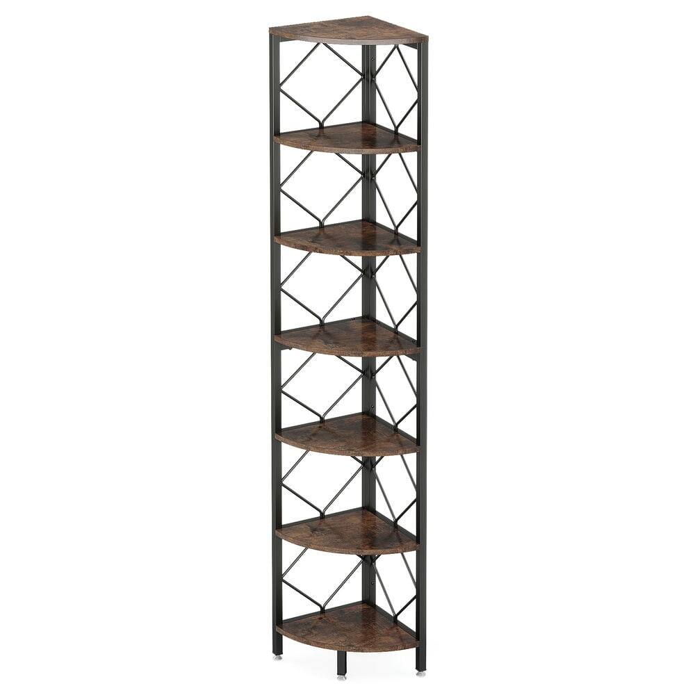Left. Kadyn - Kadyn Bookshelf, Storage Shelf, Bookcase,7-Tier Corner Shelf, 78.7" Corner Bookcase Slim Corner Storage Rack - Brown.