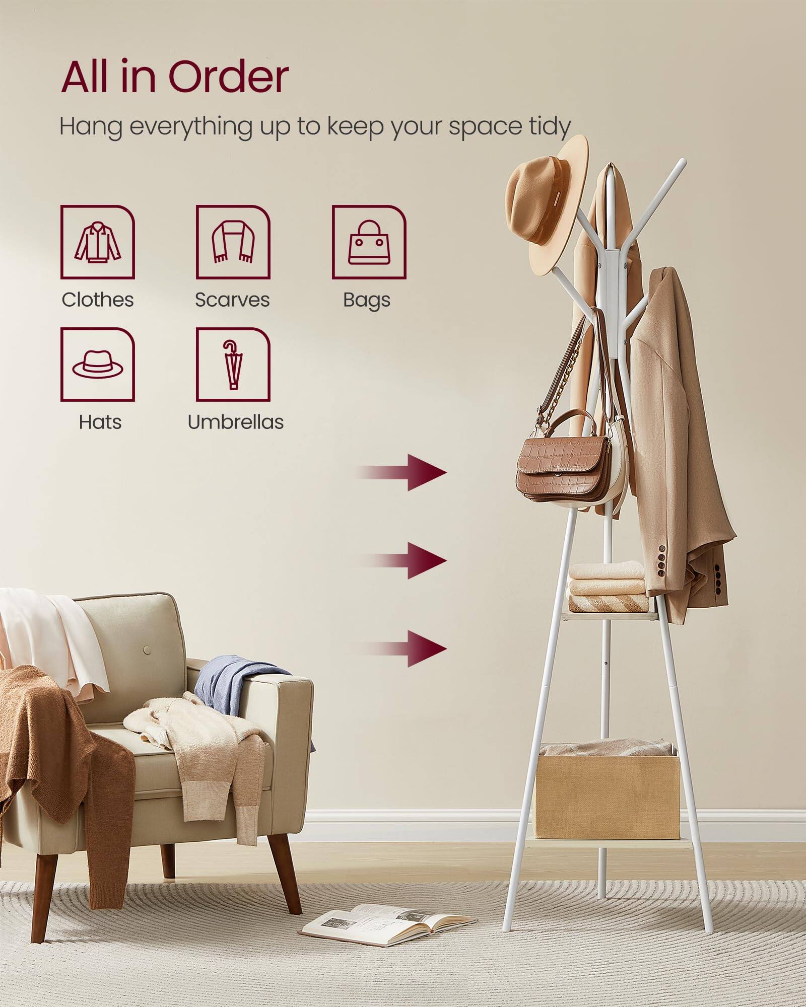 All in Order

Hang everything up to keep your space tidy

- Clothes
- Scarves
- Bags
- Hats
- Umbrellas