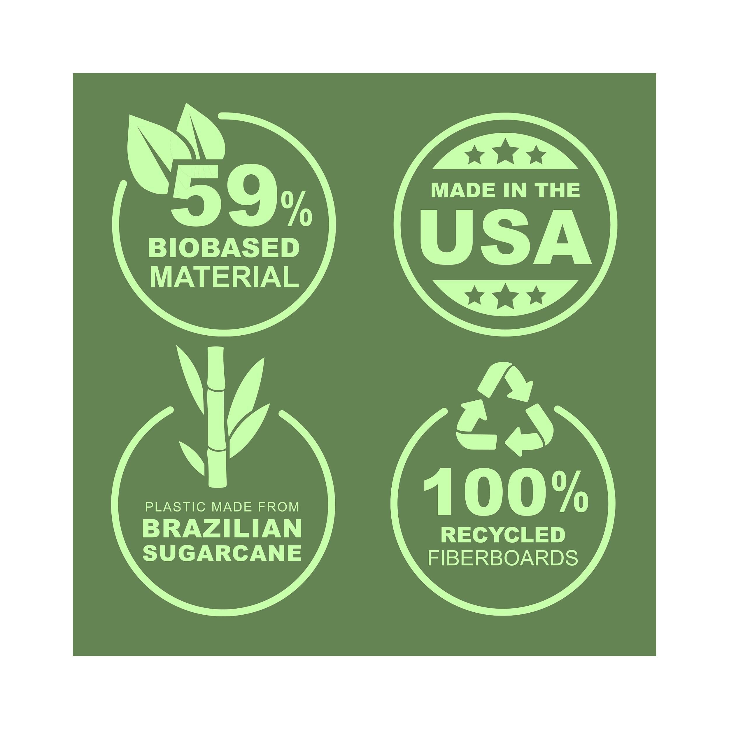 59% BIOBASED MATERIAL  
MADE IN THE USA  
PLASTIC MADE FROM BRAZILIAN SUGARCANE  
100% RECYCLED FIBERBOARDS