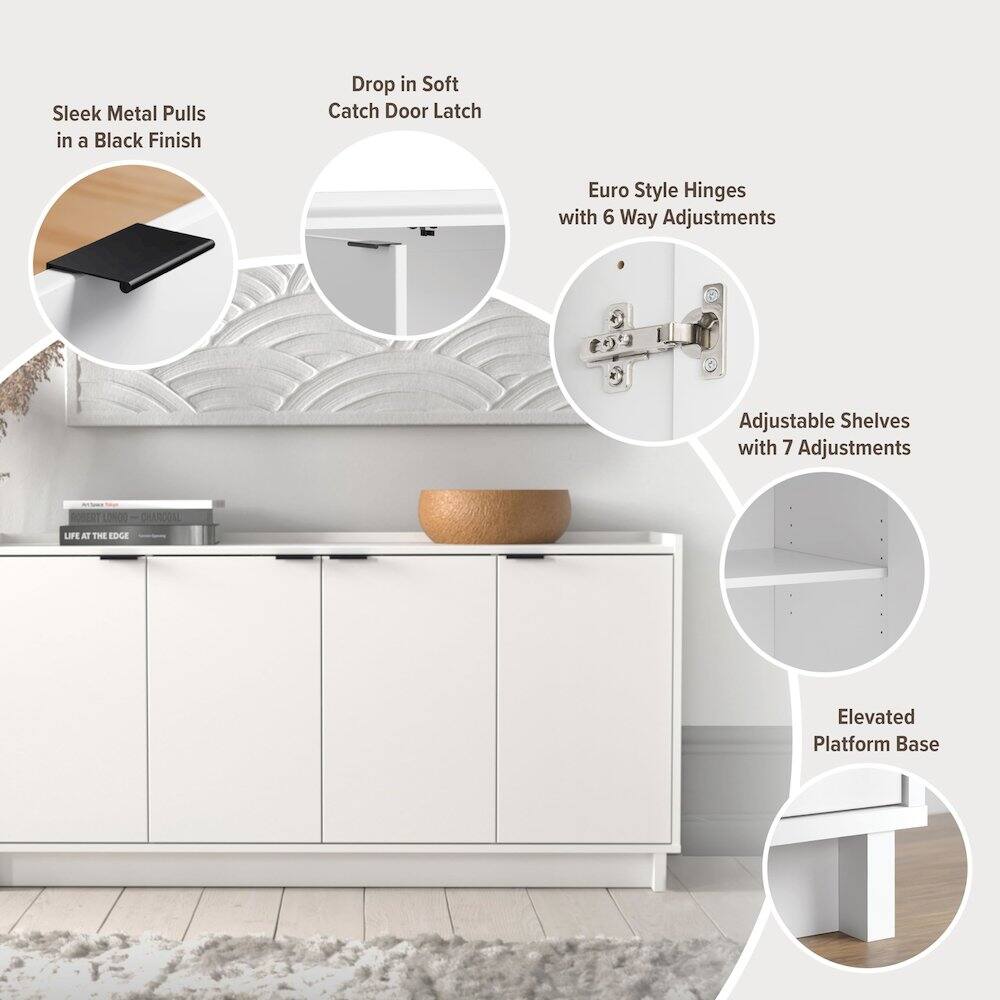 - Sleek Metal Pulls in a Black Finish
- Drop in Soft Catch Door Latch
- Euro Style Hinges with 6 Way Adjustments
- Adjustable Shelves with 7 Adjustments
- Elevated Platform Base