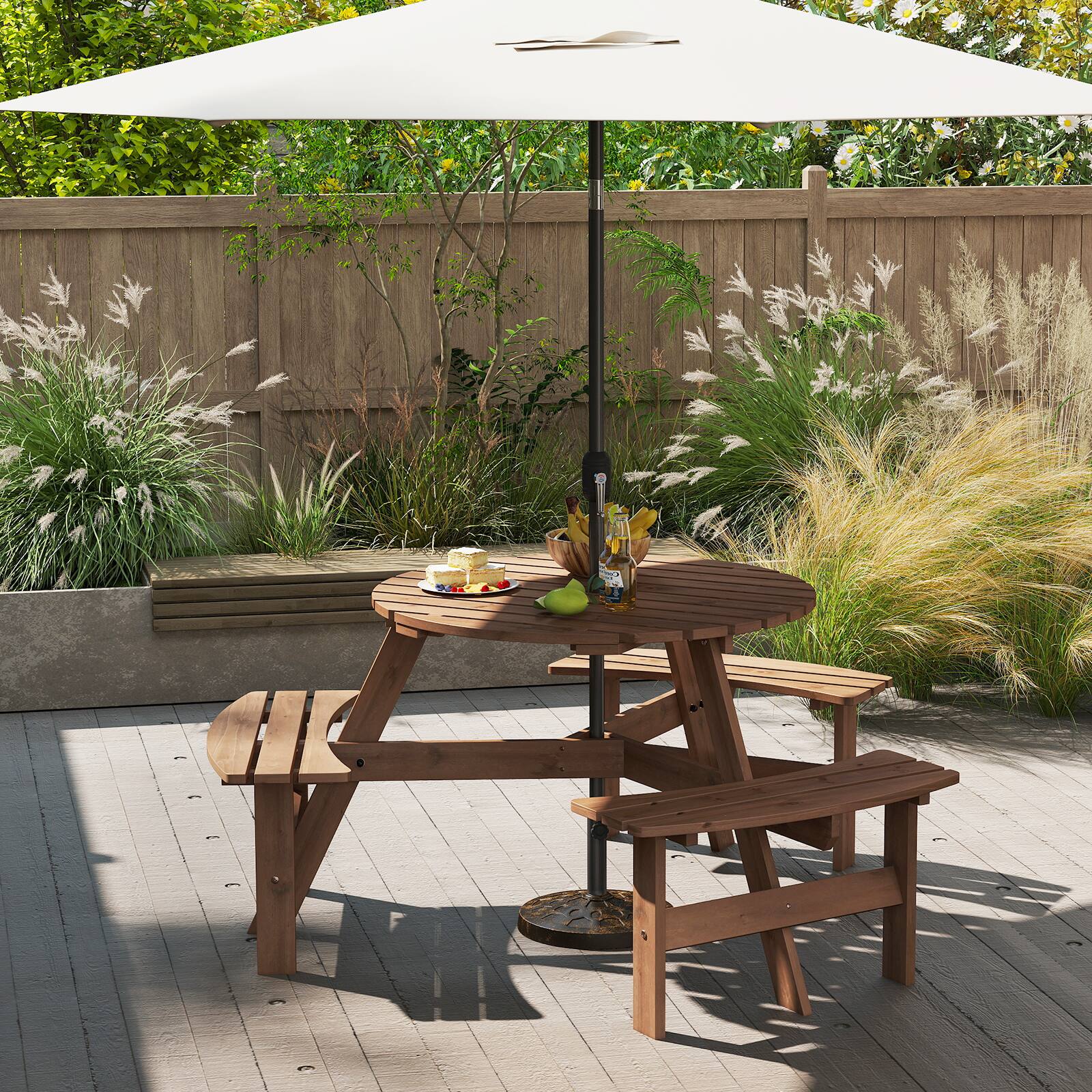 Alt View 4. Gymax - Gymax 6-Person Round Picnic Table Set w/ 3 Built-in Benches 2'' Umbrella Hole Brown - Black, Natural.