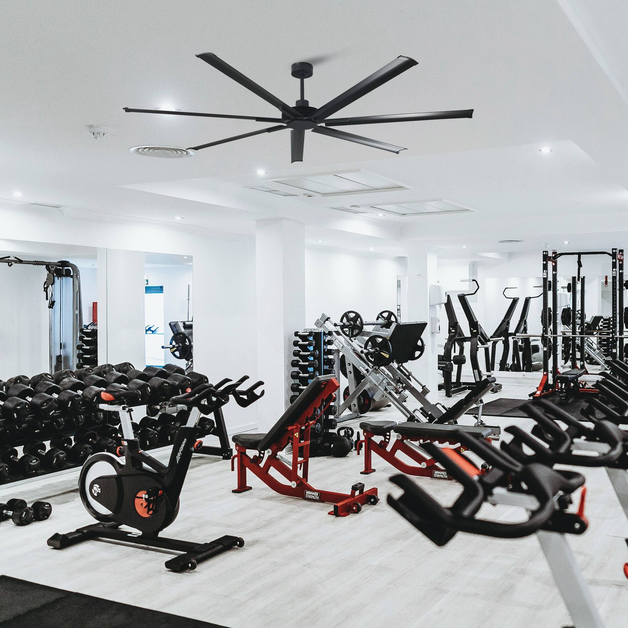 Angle. Parrot Uncle - 100" Industrial Indoor Outdoor Remote Ceiling Fan without Light for Shop Garage, Reversible DC Motor, 7 Aluminum Blades - Matte Black.