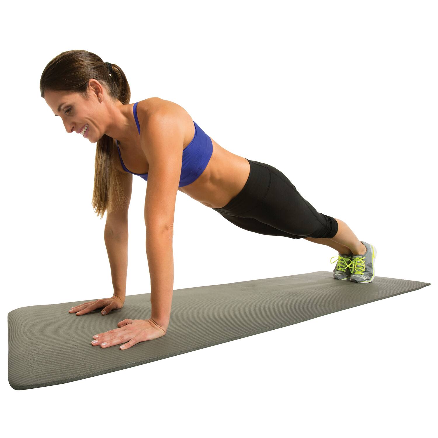 Left. GoFit - 2-Foot x 6-Foot Fitness Mat with Carrying Strap - Gray.