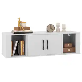 Ecooso - 2 Door Wall Mounted TV Stand Floating Cabinet with Desk Hutch Storage - White