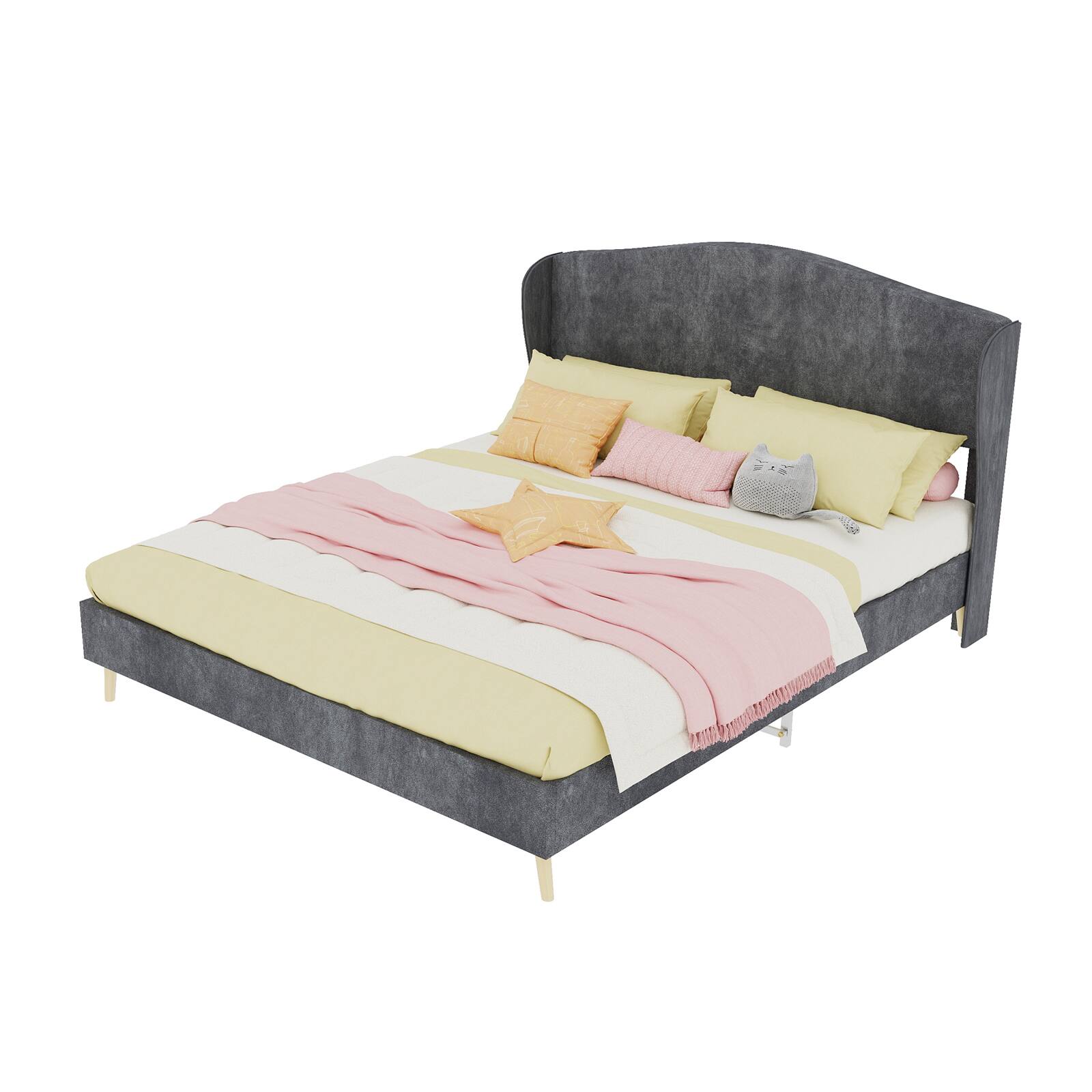 Alt View 4. Loheer - Loheer Gray Velvet Queen Bed Upholstered Platform Bed Frame Luxury Master Bedroom Furniture - Grey.
