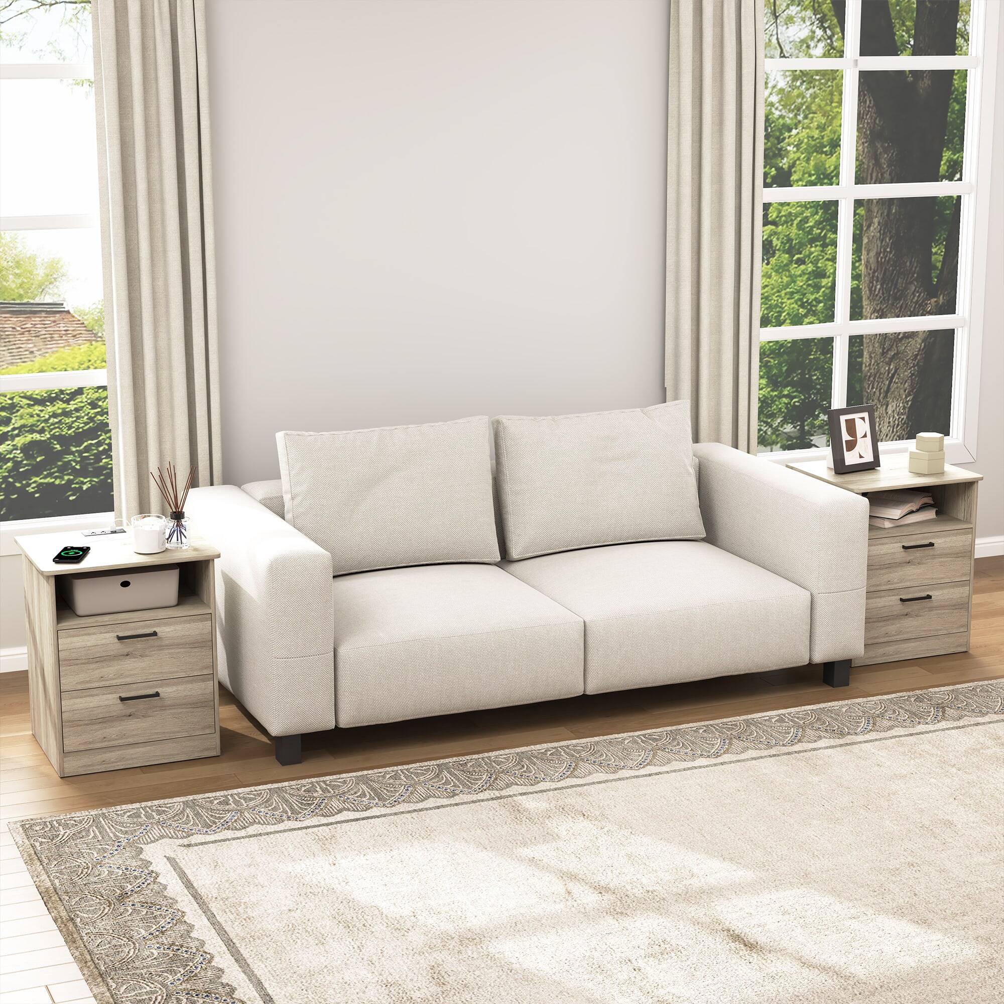 Back. Kadyn - Kadyn Wood Nightstand With Charging Station, Bedside Table With 2 Drawers, Bedroom, Gray - Gray.